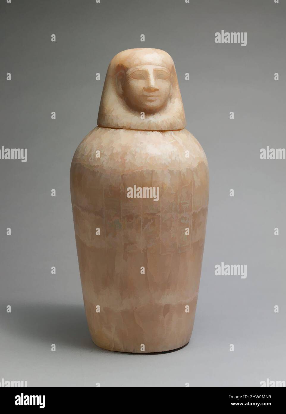 Art inspired by Canopic Jar of Minmose, New Kingdom, probably mid-Dynasty 18, ca. 1450–1400 B.C., From Egypt, Travertine (Egyptian alabaster), paint, Egyptian blue, H. 42 cm (16 9/16 in.), The owner of this canopic jar was Minmose, a troop captain whose name and title appear in the, Classic works modernized by Artotop with a splash of modernity. Shapes, color and value, eye-catching visual impact on art. Emotions through freedom of artworks in a contemporary way. A timeless message pursuing a wildly creative new direction. Artists turning to the digital medium and creating the Artotop NFT Stock Photo