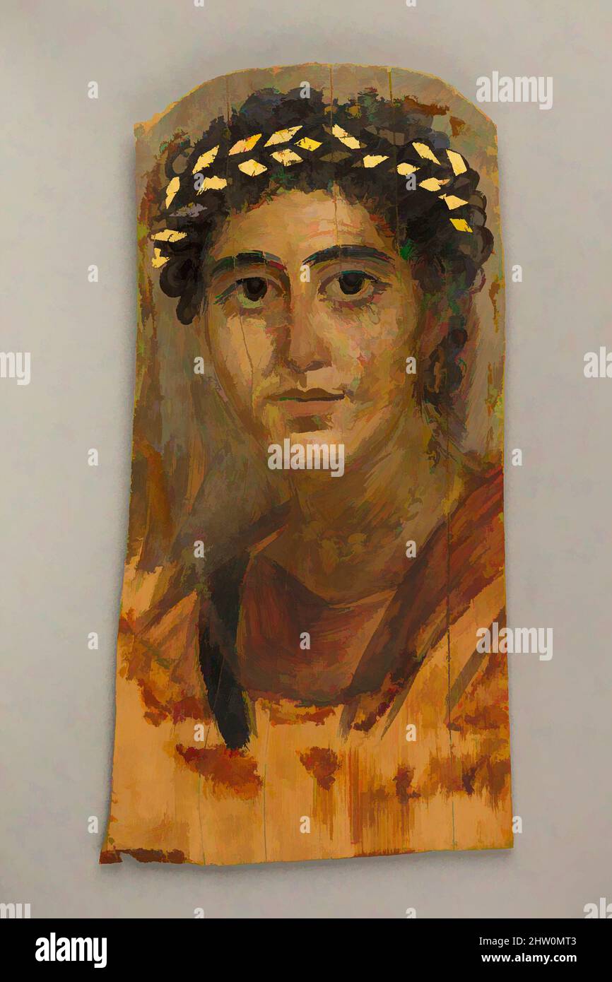 Art inspired by Portrait of a young woman in red, Roman Period, A.D. 90–120, From Egypt, Encaustic, limewood, gold leaf, H. 38.1 x W. 18.4 cm (15 x 7 1/4 in.), The background of this portrait was originally gilded, emphasizing the divine status of the deceased young woman. She looks at, Classic works modernized by Artotop with a splash of modernity. Shapes, color and value, eye-catching visual impact on art. Emotions through freedom of artworks in a contemporary way. A timeless message pursuing a wildly creative new direction. Artists turning to the digital medium and creating the Artotop NFT Stock Photo