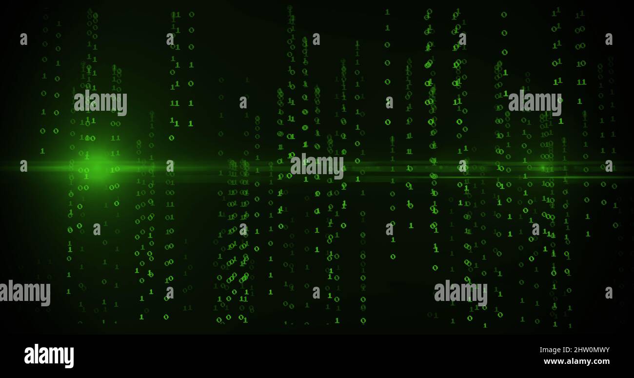 Image of green binary coding data processing over black background ...