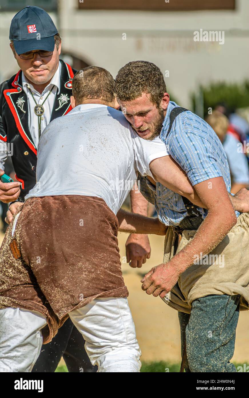 Close-up of a fight of Swiss wrestlers at the NOS 2012 in Silvaplana, Switzerland Stock Photo