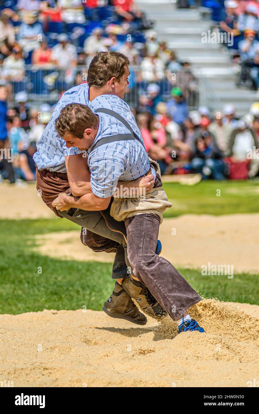 Close-up of a fight of Swiss wrestlers at the NOS 2012 in Silvaplana, Switzerland Stock Photo