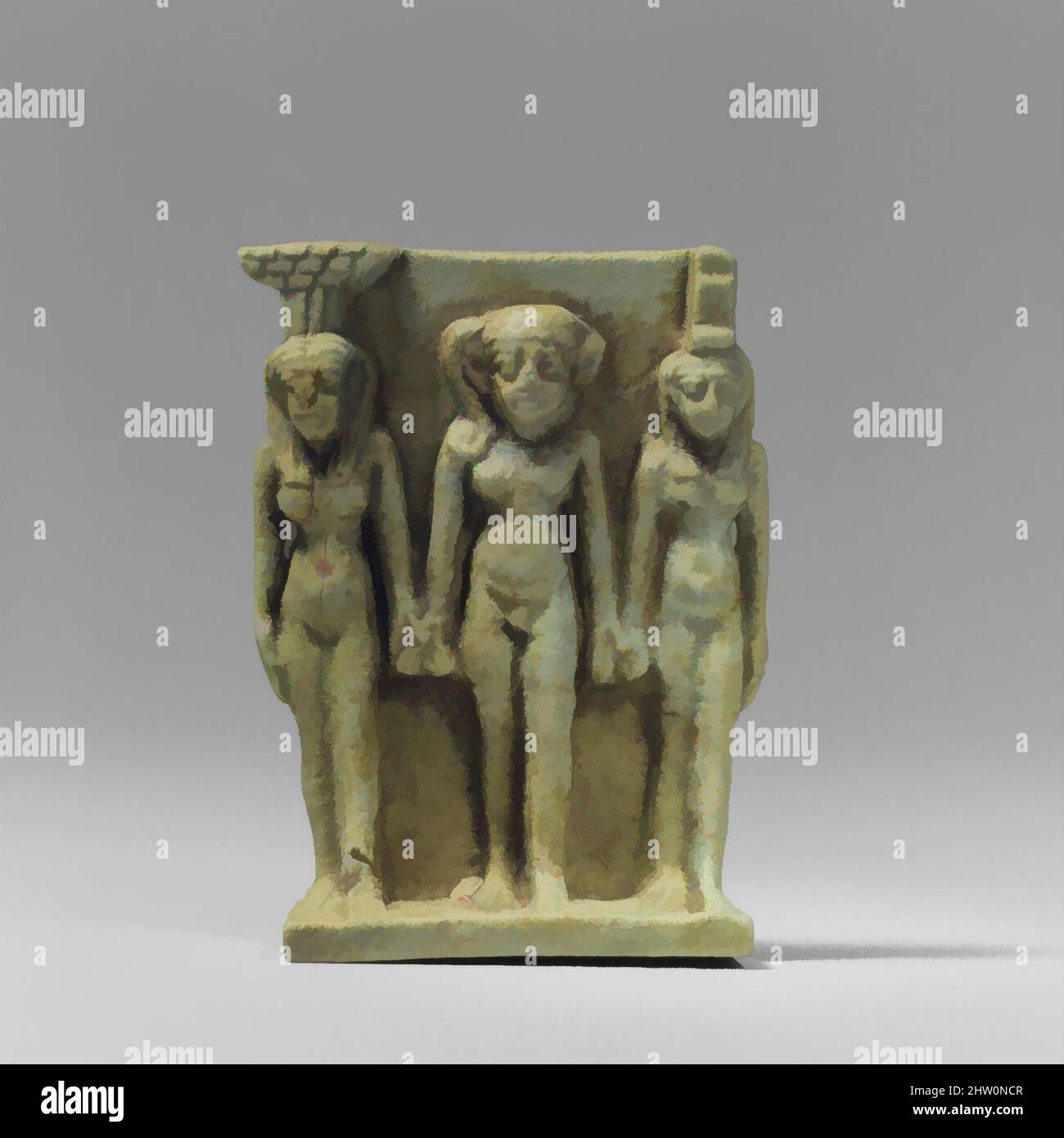 Art inspired by Nephthys, Horus, and Isis Amulet, Late Period, Saite, Dynasty 26, 664–525 B.C., From Egypt, Faience, H. 4.0 cm (1 9/16 in), These three deities make up the Osirian triad from the great myth in Egyptian funerary religion. Horus, the young boy in the center, was the son, Classic works modernized by Artotop with a splash of modernity. Shapes, color and value, eye-catching visual impact on art. Emotions through freedom of artworks in a contemporary way. A timeless message pursuing a wildly creative new direction. Artists turning to the digital medium and creating the Artotop NFT Stock Photo