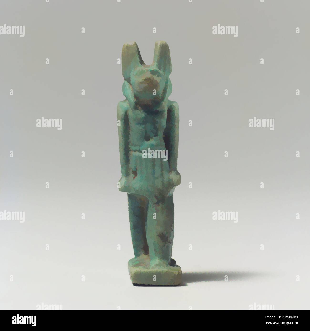 Art inspired by Anubis Amulet, Late Period–Ptolemaic Period, 664–30 B.C., From Egypt, Faience, H. 4.7 cm (1 7/8 in), Funerary amulets often were made in the form of gods who had roles in protecting the mummy. Anubis, the jackal-headed god, oversaw the embalming process. He also bore, Classic works modernized by Artotop with a splash of modernity. Shapes, color and value, eye-catching visual impact on art. Emotions through freedom of artworks in a contemporary way. A timeless message pursuing a wildly creative new direction. Artists turning to the digital medium and creating the Artotop NFT Stock Photo