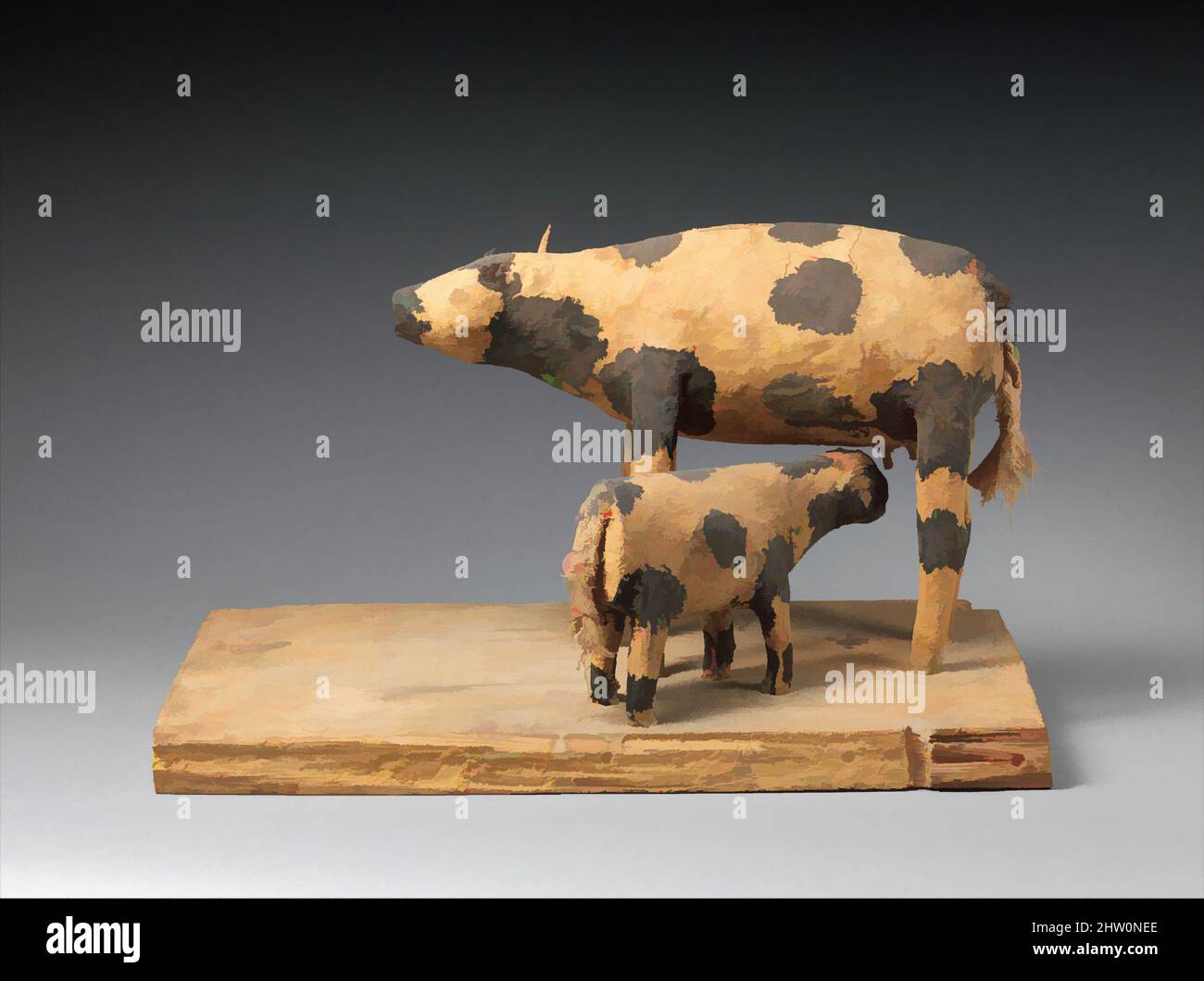 Art inspired by Model of a Cow and Her Calf, Middle Kingdom, Dynasty 11–mid 12, ca. 2030–1850 B.C., From Egypt, Middle Egypt, Asyut (Lykopolis), Khashaba/Kamal excavations, 1910–1914, Wood, h. 24 cm (9 7/16 in); w. 38.5 cm (15 3/16 in, Classic works modernized by Artotop with a splash of modernity. Shapes, color and value, eye-catching visual impact on art. Emotions through freedom of artworks in a contemporary way. A timeless message pursuing a wildly creative new direction. Artists turning to the digital medium and creating the Artotop NFT Stock Photo