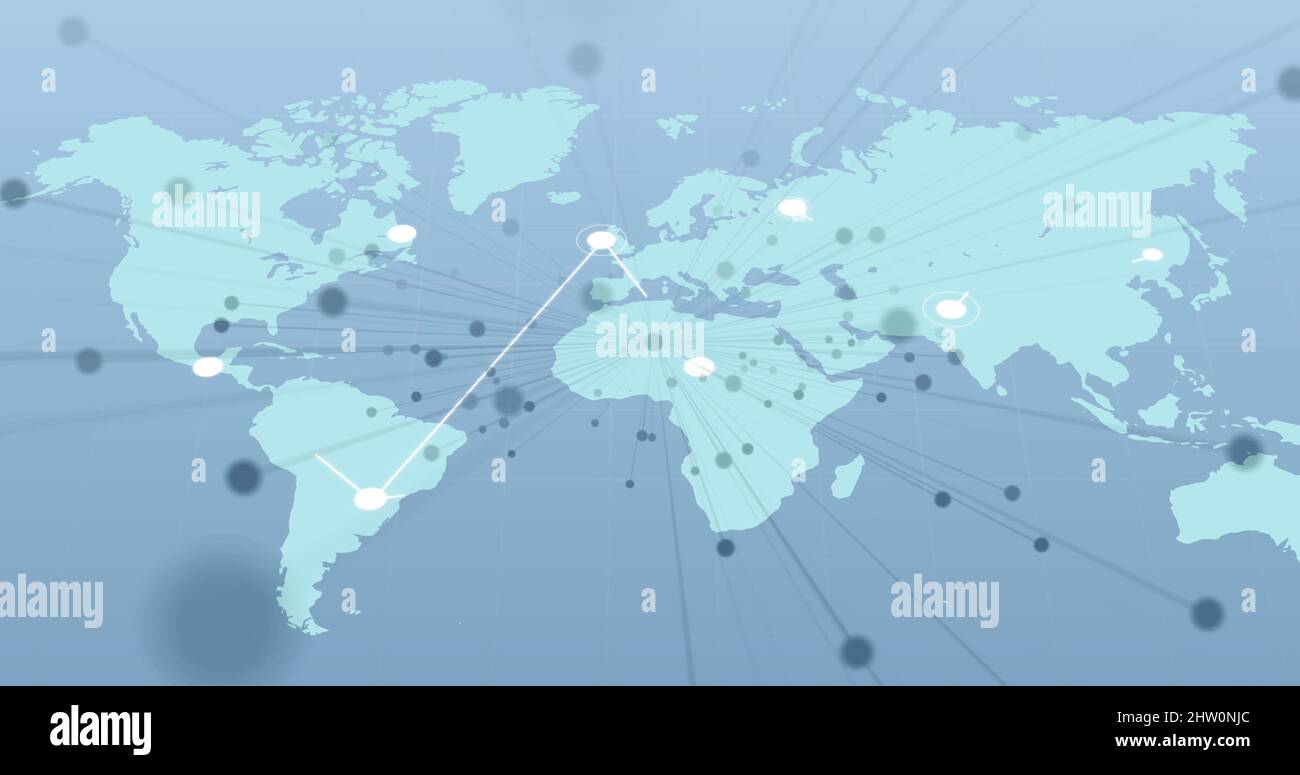 Image of network of connections and world map over blue background ...
