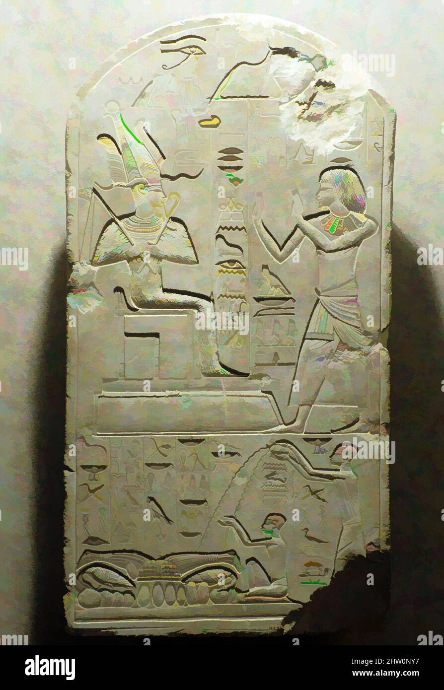 Art inspired by Stela of Senu Adoring Osiris, New Kingdom, Dynasty 18, ca. 1390–1352 B.C., From Egypt; Probably from Middle Egypt, Tuna el-Gebel, Limestone, H. 62.5 cm (24 5/8 in), This stela depicts the royal scribe Senu adoring the god Osiris, ruler of the underworld. Below, Senu's, Classic works modernized by Artotop with a splash of modernity. Shapes, color and value, eye-catching visual impact on art. Emotions through freedom of artworks in a contemporary way. A timeless message pursuing a wildly creative new direction. Artists turning to the digital medium and creating the Artotop NFT Stock Photo