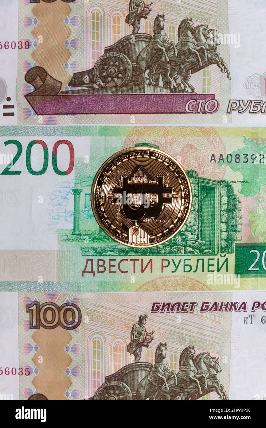 Russian rubles and crypto currency Stock Photo