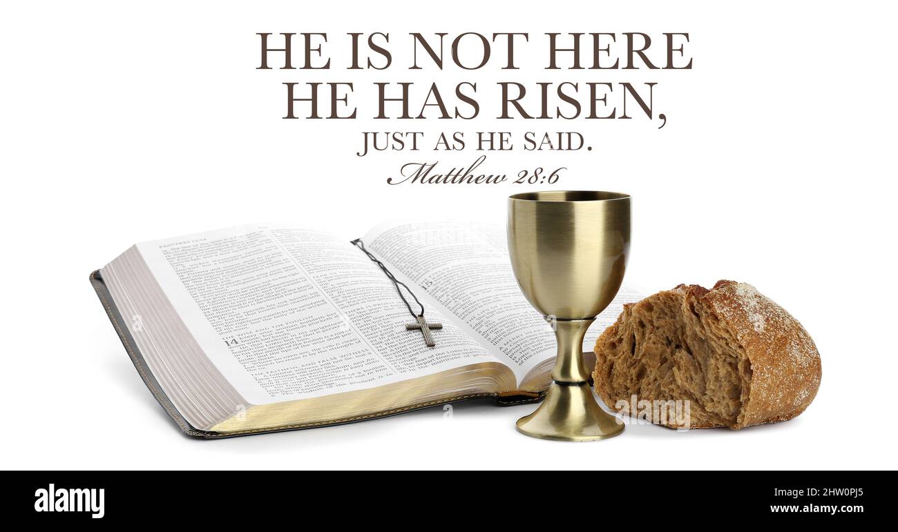 Holy Bible with bread and chalice of wine on white background Stock