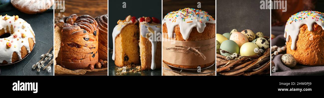 Collage with tasty Easter cakes and eggs Stock Photo