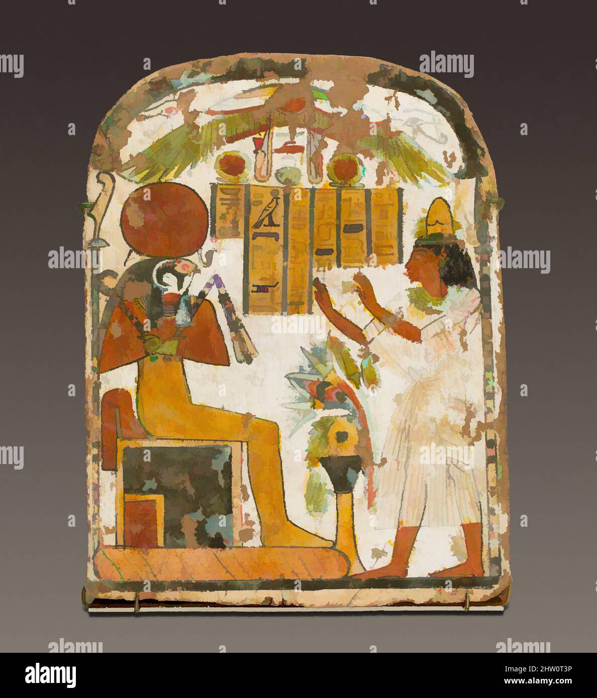 Art inspired by Painted stela of Djedbastet, Third Intermediate Period, Dynasty 22, ca. 825–712 B.C., From Egypt, Upper Egypt, Thebes, Deir el-Bahri, Tomb, 1921–22, Wood, gesso, paint, H. 29.3 cm, This stela is one of four found near the doorway of a brick chapel built during the 22nd, Classic works modernized by Artotop with a splash of modernity. Shapes, color and value, eye-catching visual impact on art. Emotions through freedom of artworks in a contemporary way. A timeless message pursuing a wildly creative new direction. Artists turning to the digital medium and creating the Artotop NFT Stock Photo