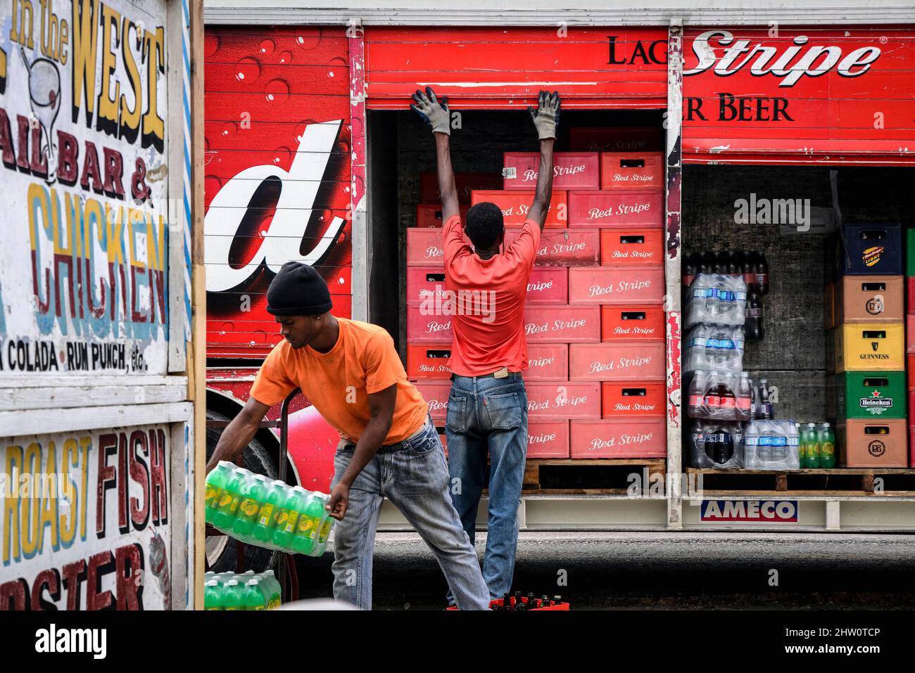 Red Stripe beer delivery to West End restaurant, Jamaica. Stock Photo