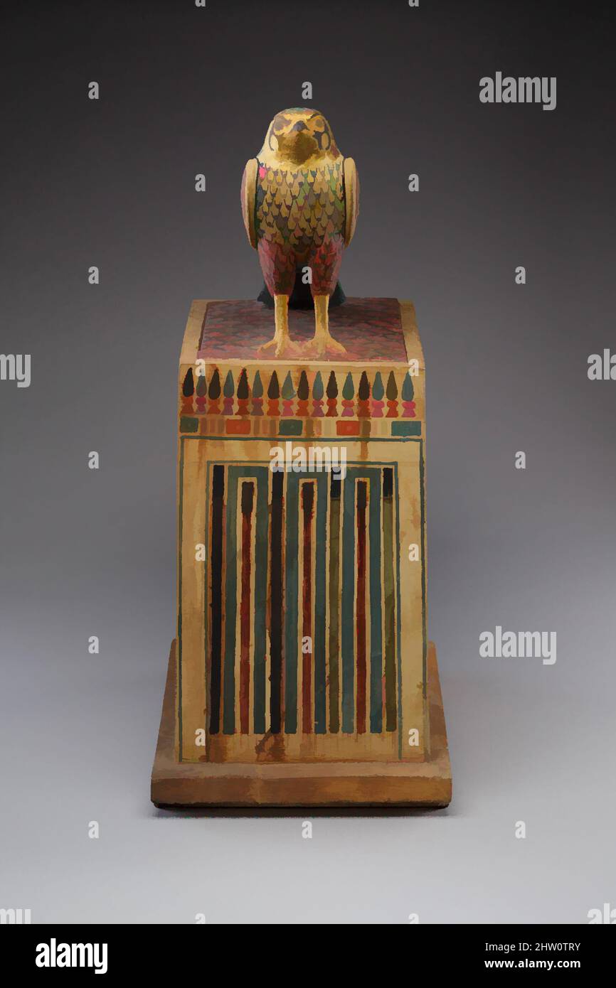 Art inspired by Falcon Box with Wrapped Contents, Ptolemaic Period, 332–30 B.C., From Egypt; Said to be from Middle Egypt, Asyut (Lykopolis), Painted and gilded wood, linen, resin, feathers, H. 58.5 cm (23 1/16 in.); W. 24.9 cm (9 13/16 in.); D. 33.3 cm (13 1/8 in.), The elaborately, Classic works modernized by Artotop with a splash of modernity. Shapes, color and value, eye-catching visual impact on art. Emotions through freedom of artworks in a contemporary way. A timeless message pursuing a wildly creative new direction. Artists turning to the digital medium and creating the Artotop NFT Stock Photo