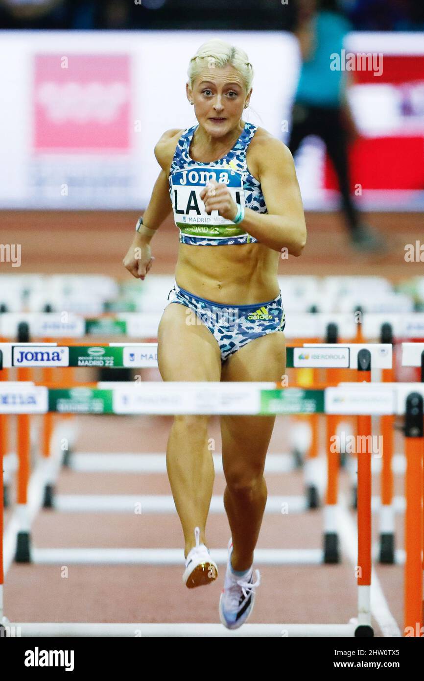 Madrid, Spain - March 2, 2022, Sarah Kate Lavin of Ireland in action during the Women 60 m hurdles of the World Athletics Indoor Tour Madrid 2022 on March 2, 2022 at the Polideportivo Gallur in Madrid, Spain -Photo Oscar J Barroso / Spain DPPI / DPPI - Photo: Oscar Barroso/DPPI/LiveMedia Stock Photo