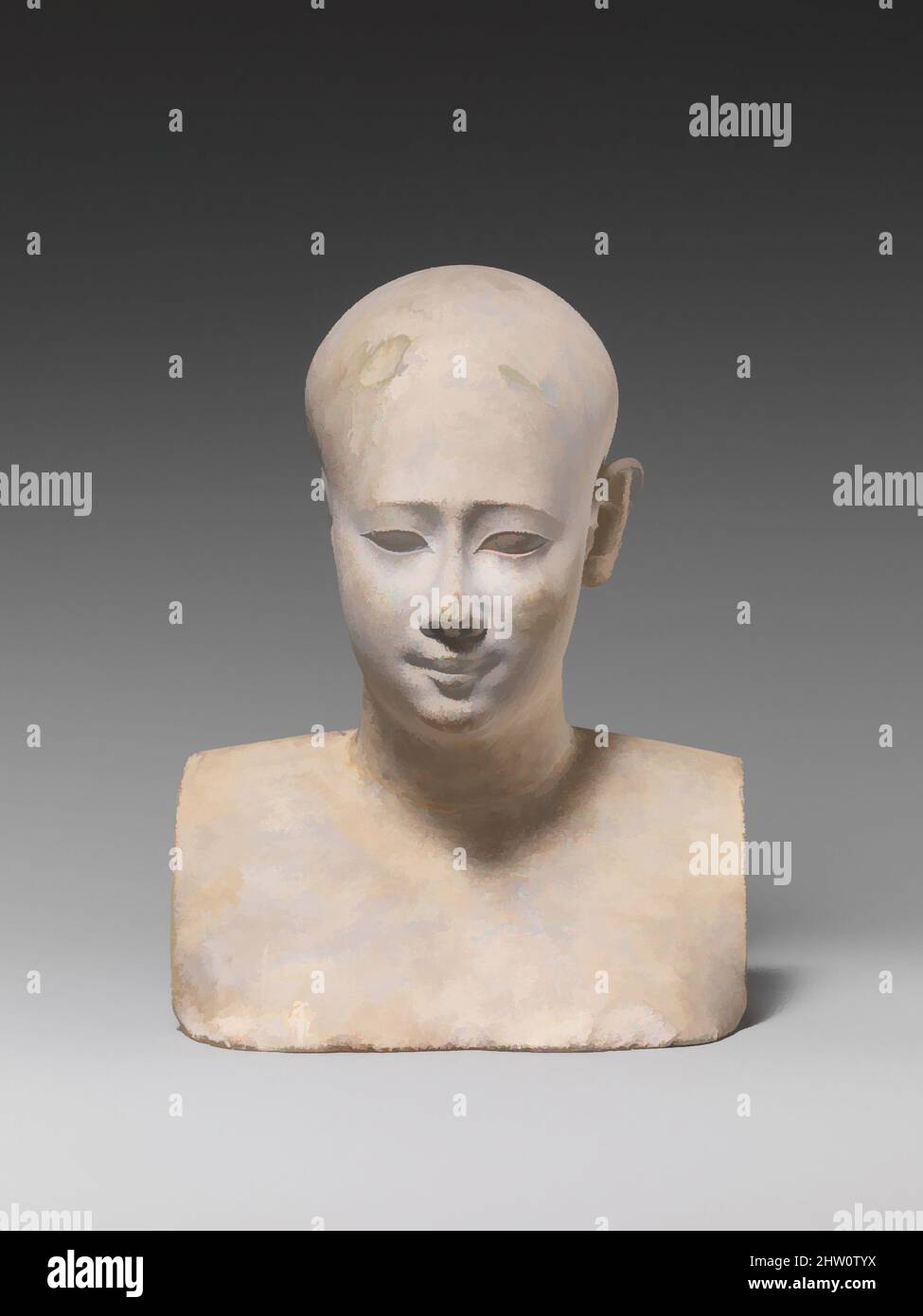 Art inspired by Bust of a priestly figure, Late Period–Ptolemaic Period, 400–200 B.C., From Egypt, Limestone, H. 19 cm (7 1/2 in); W. 14.6 cm (5 3/4 in.); D. 12 cm (4 3/4 in.), Small Late Period and Ptolemaic reliefs or sculptures that depict a subject in a partial or unfinished way, Classic works modernized by Artotop with a splash of modernity. Shapes, color and value, eye-catching visual impact on art. Emotions through freedom of artworks in a contemporary way. A timeless message pursuing a wildly creative new direction. Artists turning to the digital medium and creating the Artotop NFT Stock Photo