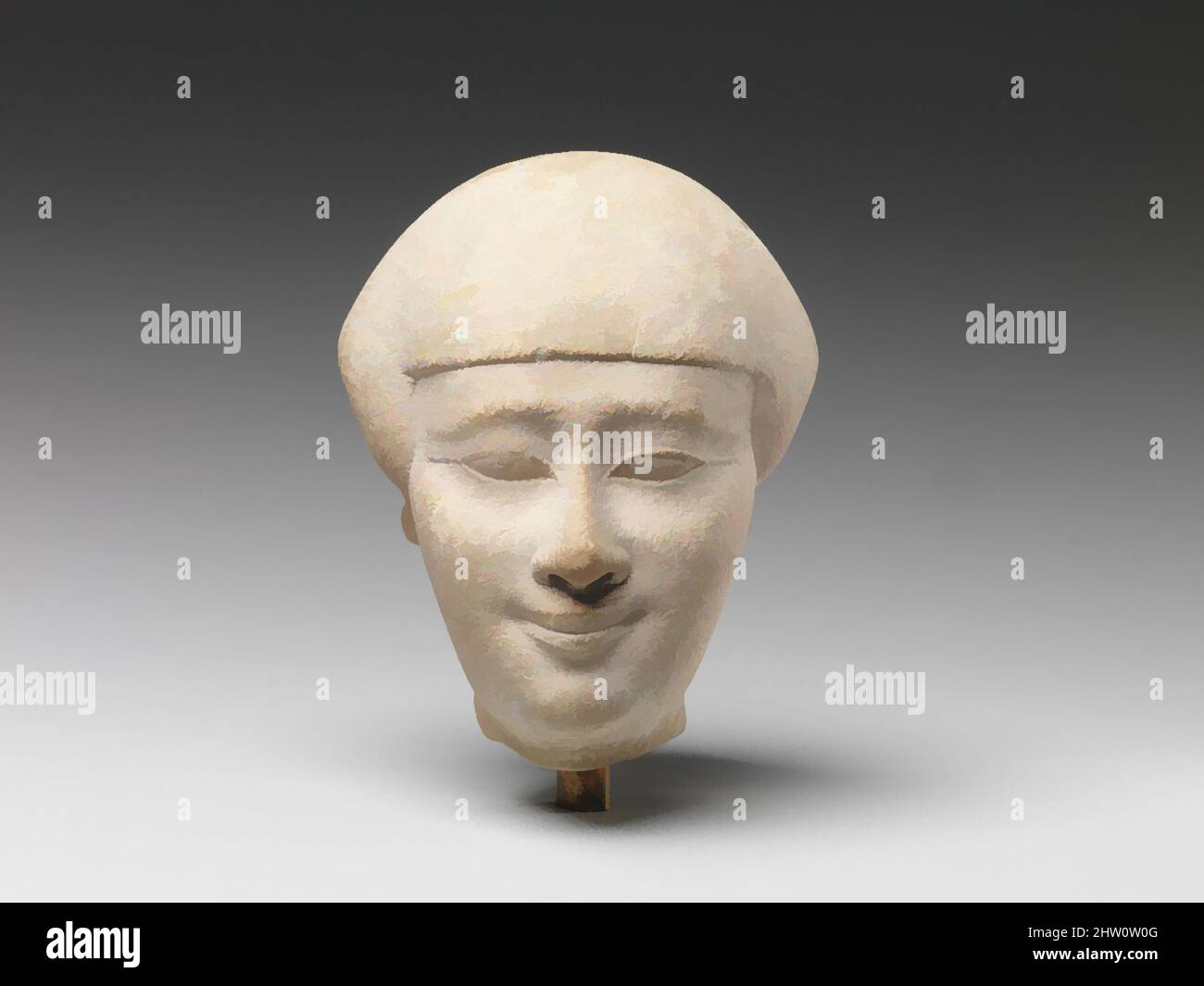 Art inspired by Female head, Late Period–Ptolemaic Period, 380–250 B.C., Probably from Delta; From Egypt, Limestone, paint, H. 6.9 cm (2 11/16 in.); W. 5.5 cm (2 3/16 in.); D. 6.6 cm (2 5/8 in.), This fine small head probably belonged to a standing statuette. The woman wears a short, Classic works modernized by Artotop with a splash of modernity. Shapes, color and value, eye-catching visual impact on art. Emotions through freedom of artworks in a contemporary way. A timeless message pursuing a wildly creative new direction. Artists turning to the digital medium and creating the Artotop NFT Stock Photo