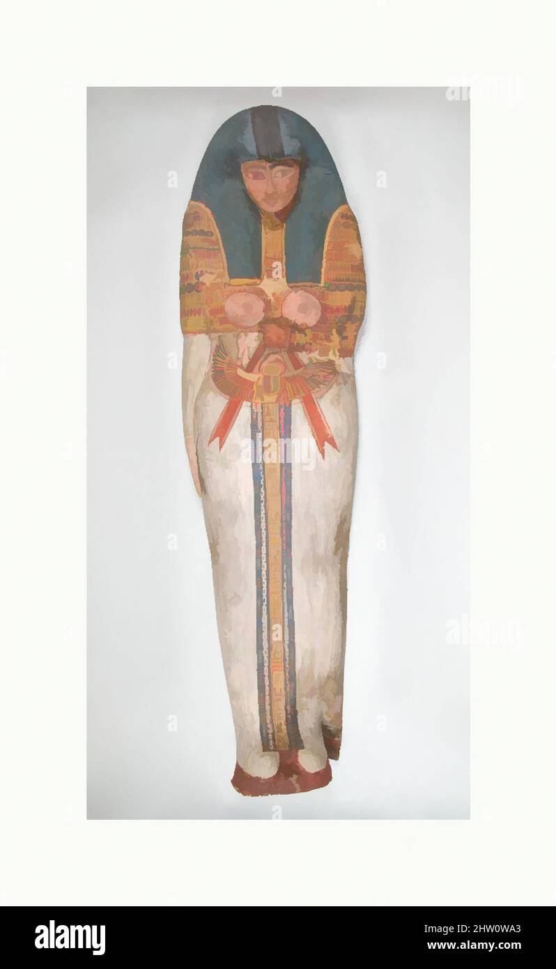 Art inspired by Cartonnage of a Woman, Third Intermediate Period, Dynasty 22–24, ca. 945–712 B.C., From Egypt, Fayum Entrance Area, Meidum, Cartonnage, paint, H. 161.3 cm (63 1/2 in); W. 45.7 cm (18 in); d. 25.4 cm (10 in), During the New Kingdom, coffin and cartonnage styles were, Classic works modernized by Artotop with a splash of modernity. Shapes, color and value, eye-catching visual impact on art. Emotions through freedom of artworks in a contemporary way. A timeless message pursuing a wildly creative new direction. Artists turning to the digital medium and creating the Artotop NFT Stock Photo