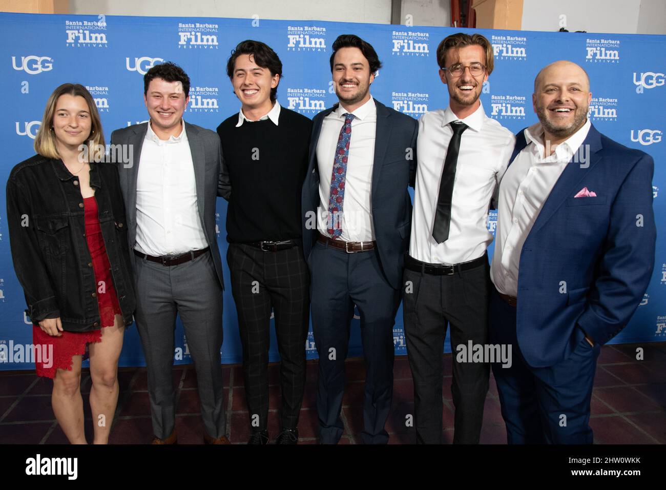 Santa Barbara, USA. 02nd Mar, 2022. Red carpet arrivals (l-r) IIc Logeals, Aidan Mastrogiogio, Dag Forsberg, Joey Szalkiewicz, Alex Gorman and Gareth Kelly. The 37th Santa Barbara International Film Festival opening night screening of “The Phantom of Open” at The Arlington Theater in Santa Barbara, California, March 2, 2022. (Photo by Rod Rolle/Sipa USA) Credit: Sipa USA/Alamy Live News Stock Photo