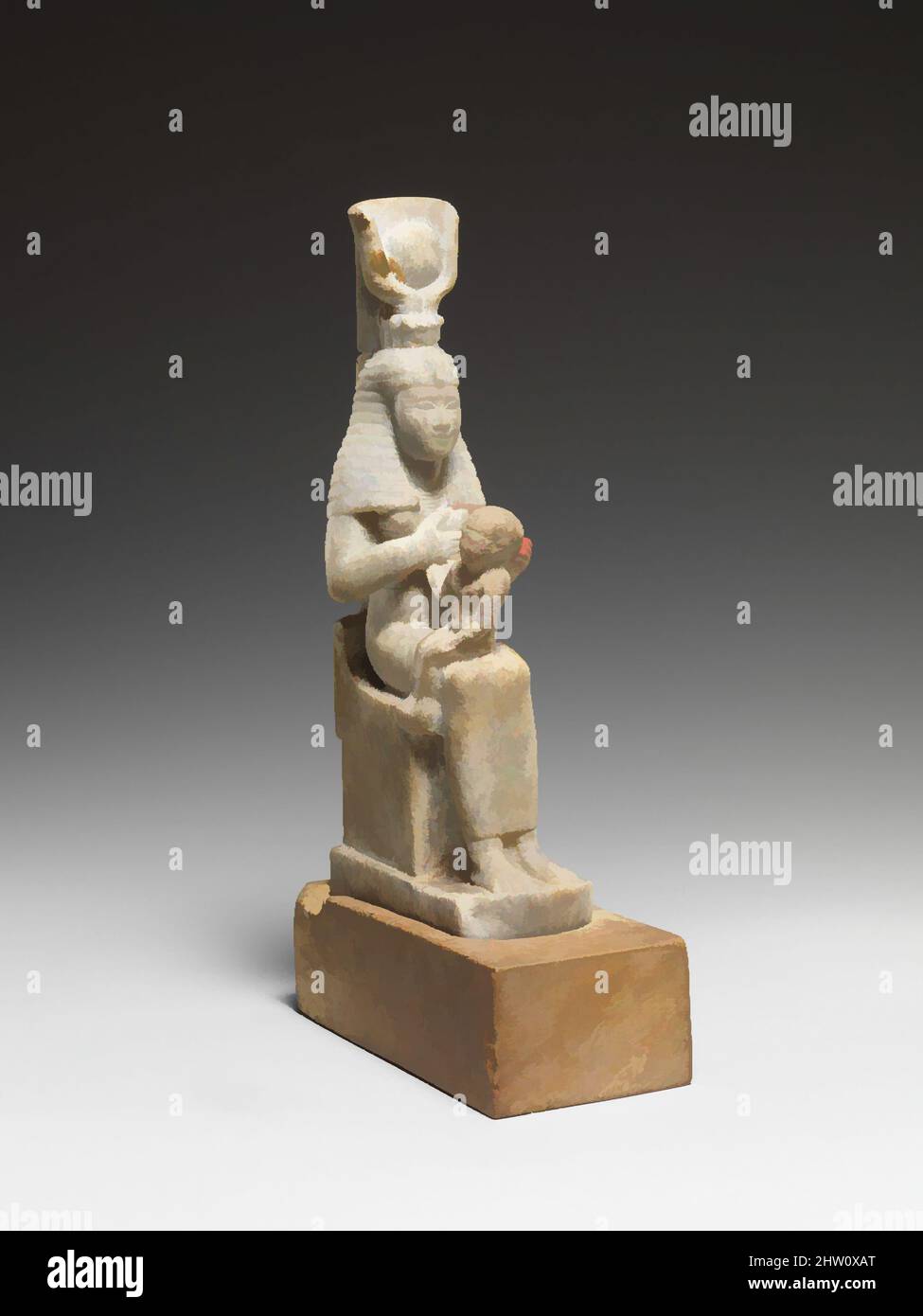 Art inspired by Isis with Horus, Ptolemaic Period, 332–30 B.C., From Egypt, Statue: marble; Base: limestone, H. 19.9 × W. 5.1 × D. 10.4 cm (7 13/16 × 2 × 4 1/8 in.), Isis with her son Horus seated on her lap is sculpted here in a marble with a distinctive bluish cast. It is notable, Classic works modernized by Artotop with a splash of modernity. Shapes, color and value, eye-catching visual impact on art. Emotions through freedom of artworks in a contemporary way. A timeless message pursuing a wildly creative new direction. Artists turning to the digital medium and creating the Artotop NFT Stock Photo