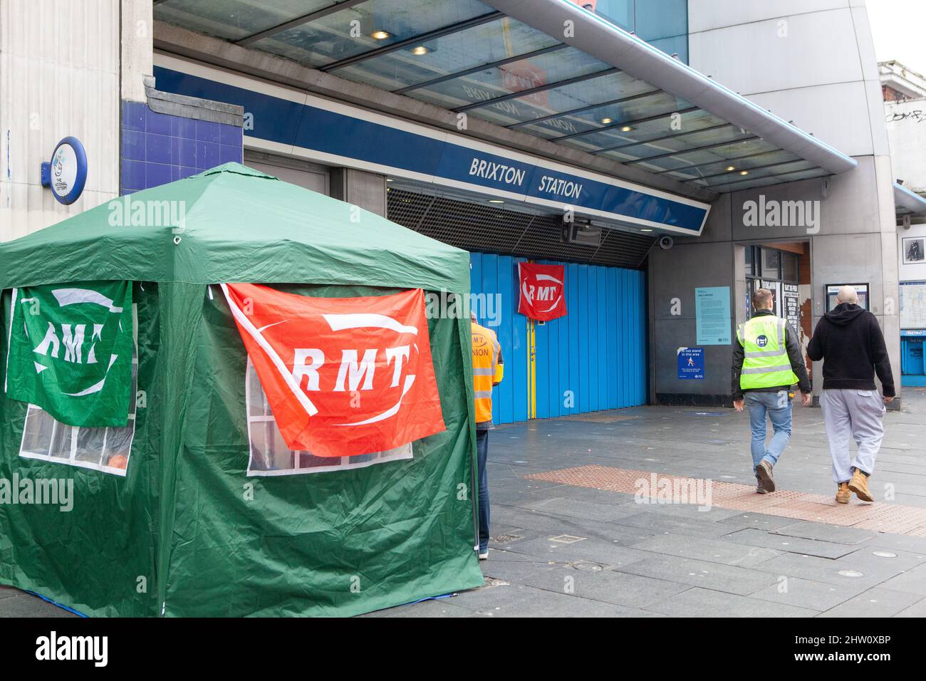 London, UK, 3 March 2022: RMT union pickets holding a tube strike at Brixton station. This is the second strike day this week after unions and Transport for London failed to agree on various issues including pensions. Anna Watson/Alamy Live News Stock Photo