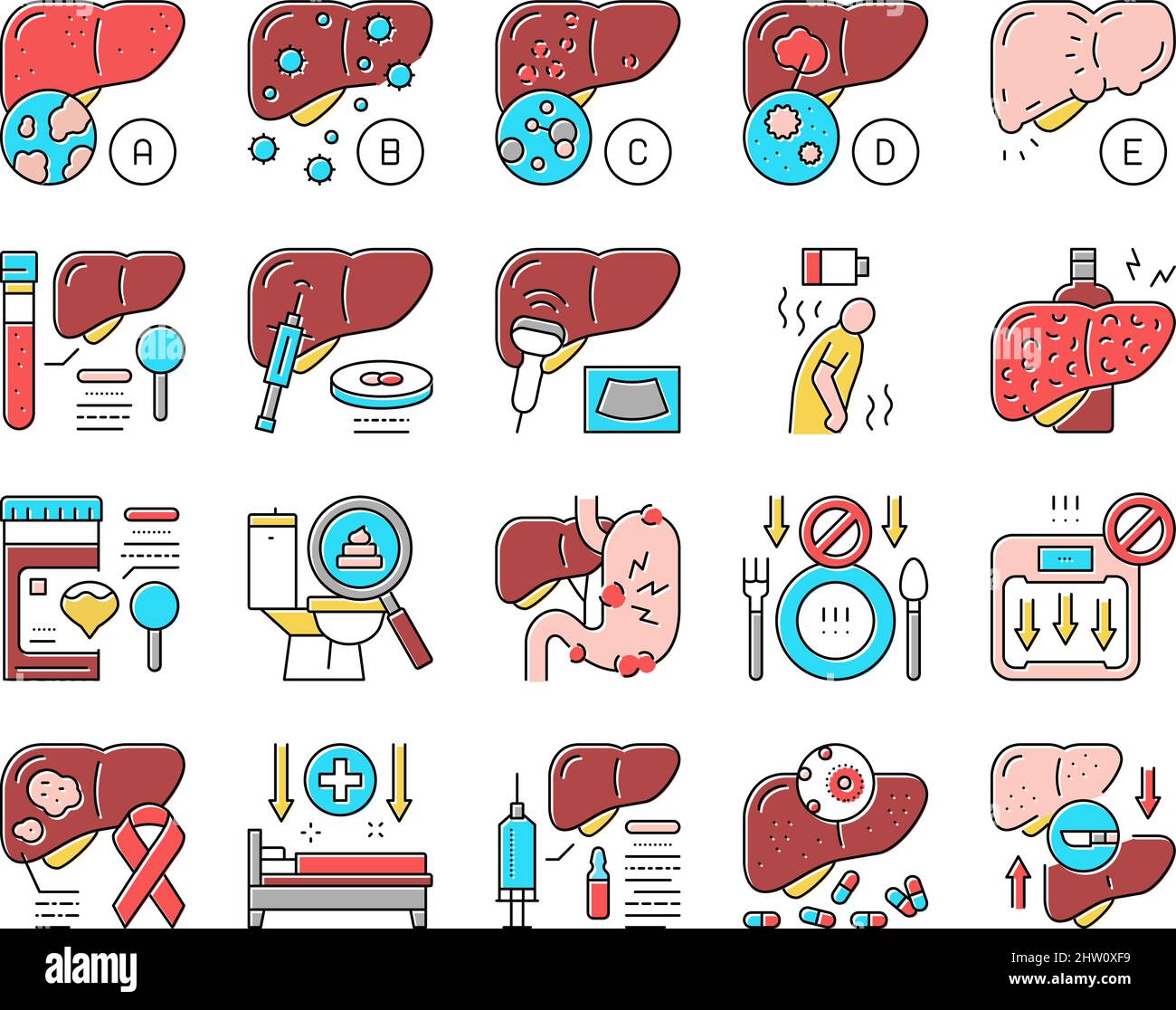 Hepatitis Liver Health Problem Icons Set Vector Stock Vector Image ...