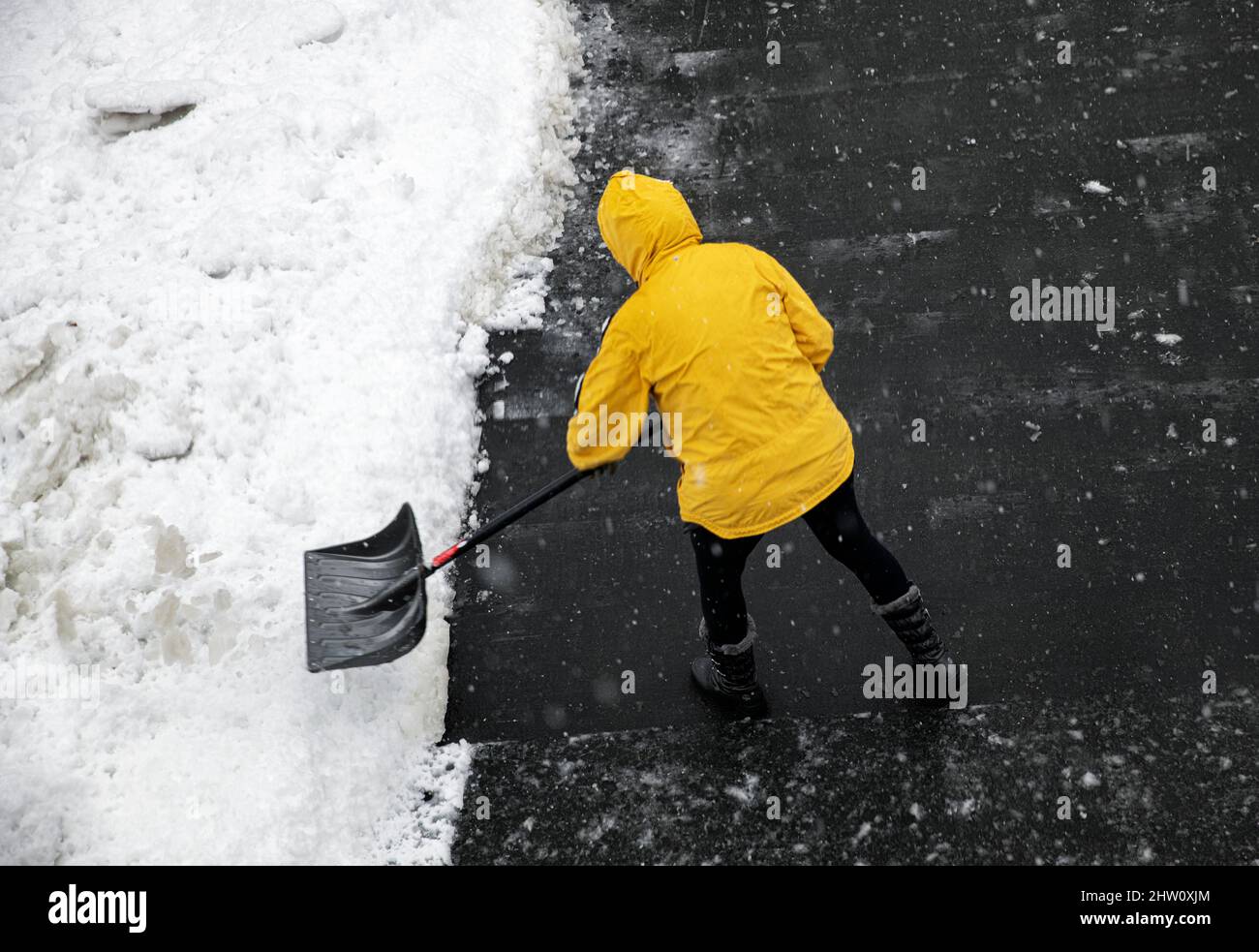 Shoveling driveway after a snow storm. Stock Photo