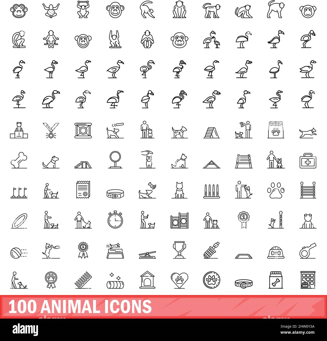 100 animal icons set. Outline illustration of 100 animal icons vector ...