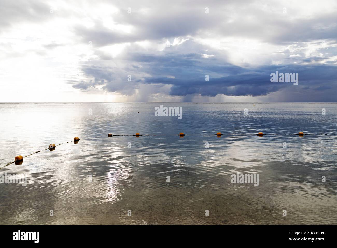 Buoys off the southwest coast of Mauritius. They float in the Bay of Tamarin. Stock Photo