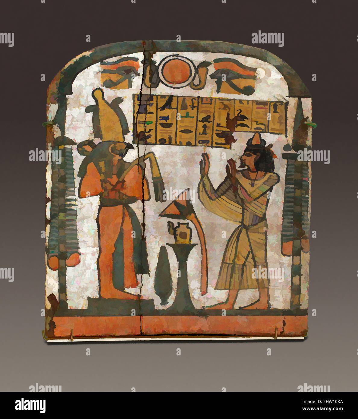 Art inspired by Stela of Nayefennebu, Third Intermediate Period, Dynasty 22, ca. 825–712 B.C., From Egypt, Upper Egypt, Thebes, Deir el-Bahri, Tomb, 1921–22, Wood, gesso, paint, H. 23.4 cm, This is one of four stelae found near the doorway of the brick chapel of the family of Saiah, a, Classic works modernized by Artotop with a splash of modernity. Shapes, color and value, eye-catching visual impact on art. Emotions through freedom of artworks in a contemporary way. A timeless message pursuing a wildly creative new direction. Artists turning to the digital medium and creating the Artotop NFT Stock Photo