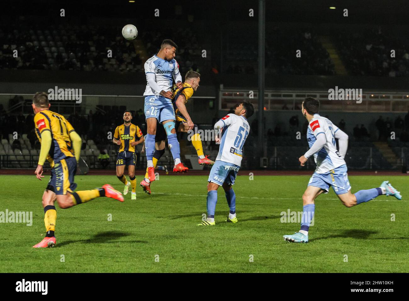 Limassol, Cyprus Cyprus. 02nd Mar, 2022. Fanos Katelaris of Apollon and Nicolae Milinceanu of AEL compete for the ball, Limassol, Cyprus, on March 2, 2022. Ael won 2-0 against Apollon for Cyprus Cup playoffs and qualified to the quarter finals. (Photo by Kostas Pikoulas/Sipa USA) Credit: Sipa USA/Alamy Live News Stock Photo