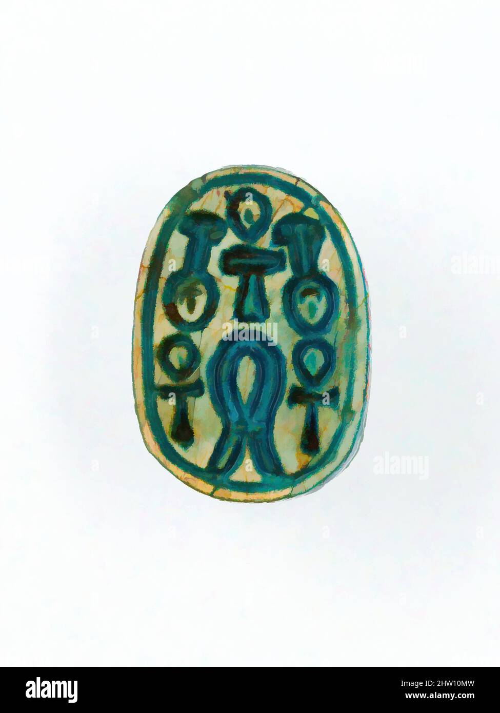 Art inspired by Scarab, Middle Kingdom–Early New Kingdom, Dynasty 12, late–13 to 1700 B.C., ca. 1850–1700 B.C., From Egypt, Memphite Region, Lisht North, cemetery south of pyramid, not on map, Pit 467, 1913–14, Glazed steatite, l. 1.6 cm (5/8 in, Classic works modernized by Artotop with a splash of modernity. Shapes, color and value, eye-catching visual impact on art. Emotions through freedom of artworks in a contemporary way. A timeless message pursuing a wildly creative new direction. Artists turning to the digital medium and creating the Artotop NFT Stock Photo