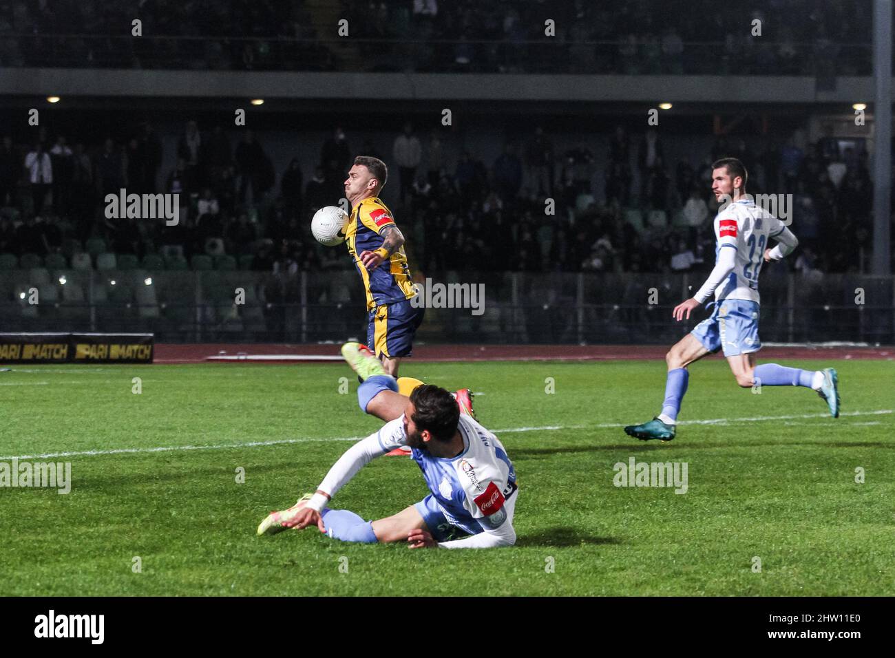 Limassol, Cyprus Cyprus. 02nd Mar, 2022. Nicolae Milinceanu of AEL gets  away from Chambos Kyriakou of Apollon, Limassol, Cyprus, on March 2, 2022.  Ael won 2-0 against Apollon for Cyprus Cup playoffs