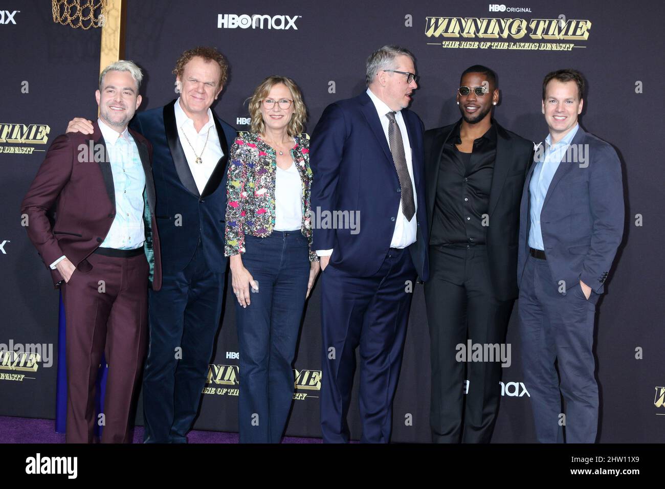 LOS ANGELES - MAR 2:  Max Borenstein, Adam McKay, John C. Reilly, Ann Sarnoff, Quincy Isaiah, Casey Bloys at the Winning Time - The Rise of The Lakers Dynasty LA Premiere at Ace Hotel on March 2, 2022  in Los Angeles, CA Stock Photo