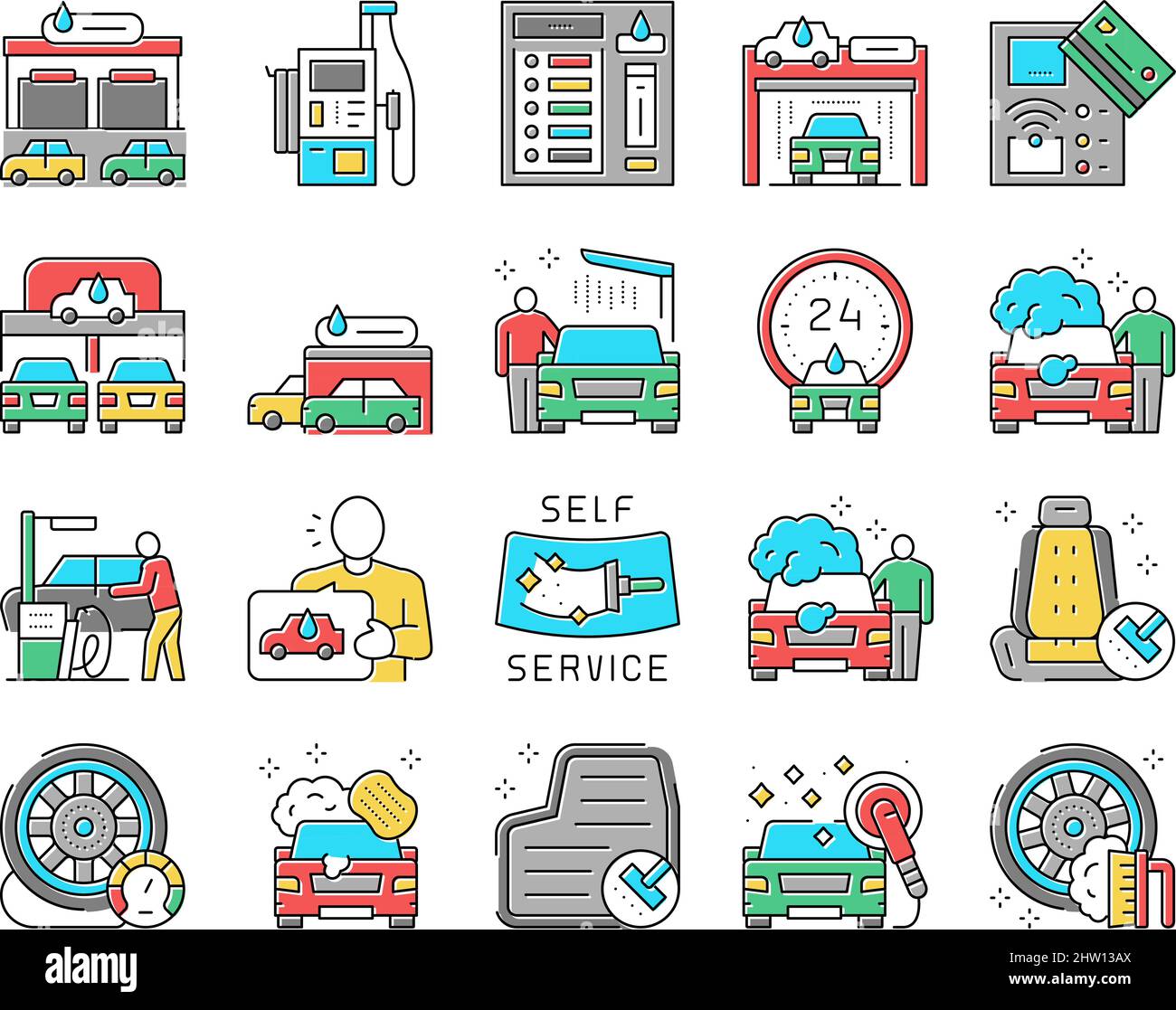 Self Service Car Wash Collection Icons Set Vector Stock Vector Image ...