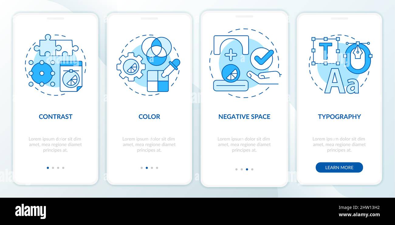 Principles of graphic design blue onboarding mobile app screen Stock ...