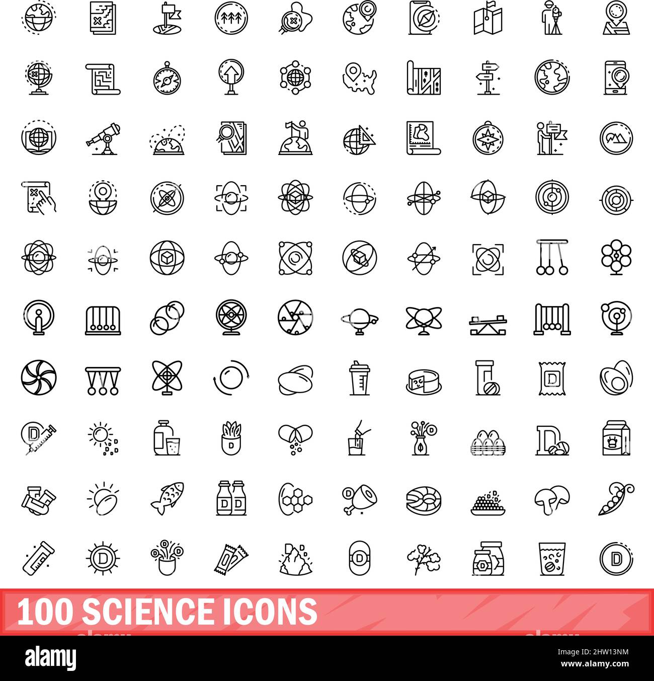 100 science icons set. Outline illustration of 100 science icons vector ...