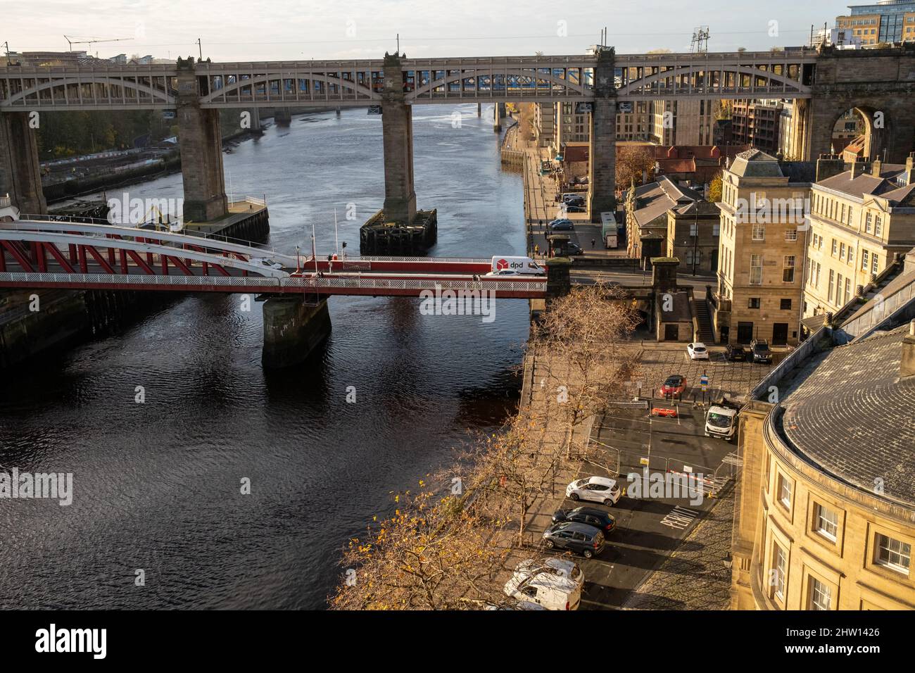 Newcastle UK: 17th Nov 2021, View of the famous Newcastle Quayside in Autumn with beautiful warm winter sunlight Stock Photo