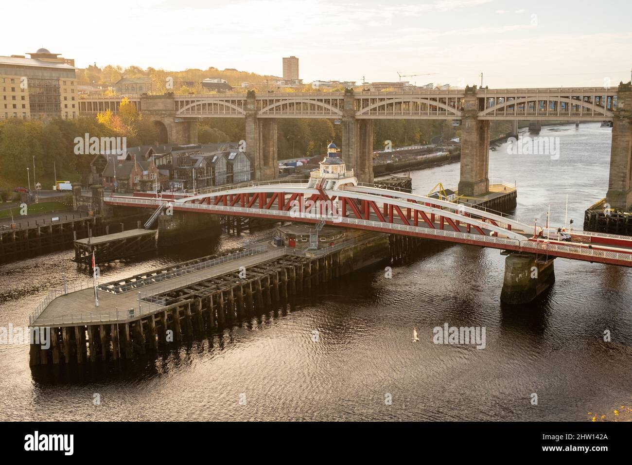 Newcastle UK: 17th Nov 2021, View of the famous Newcastle Swing Bridge in Autumn with beautiful warm winter sunlight Stock Photo