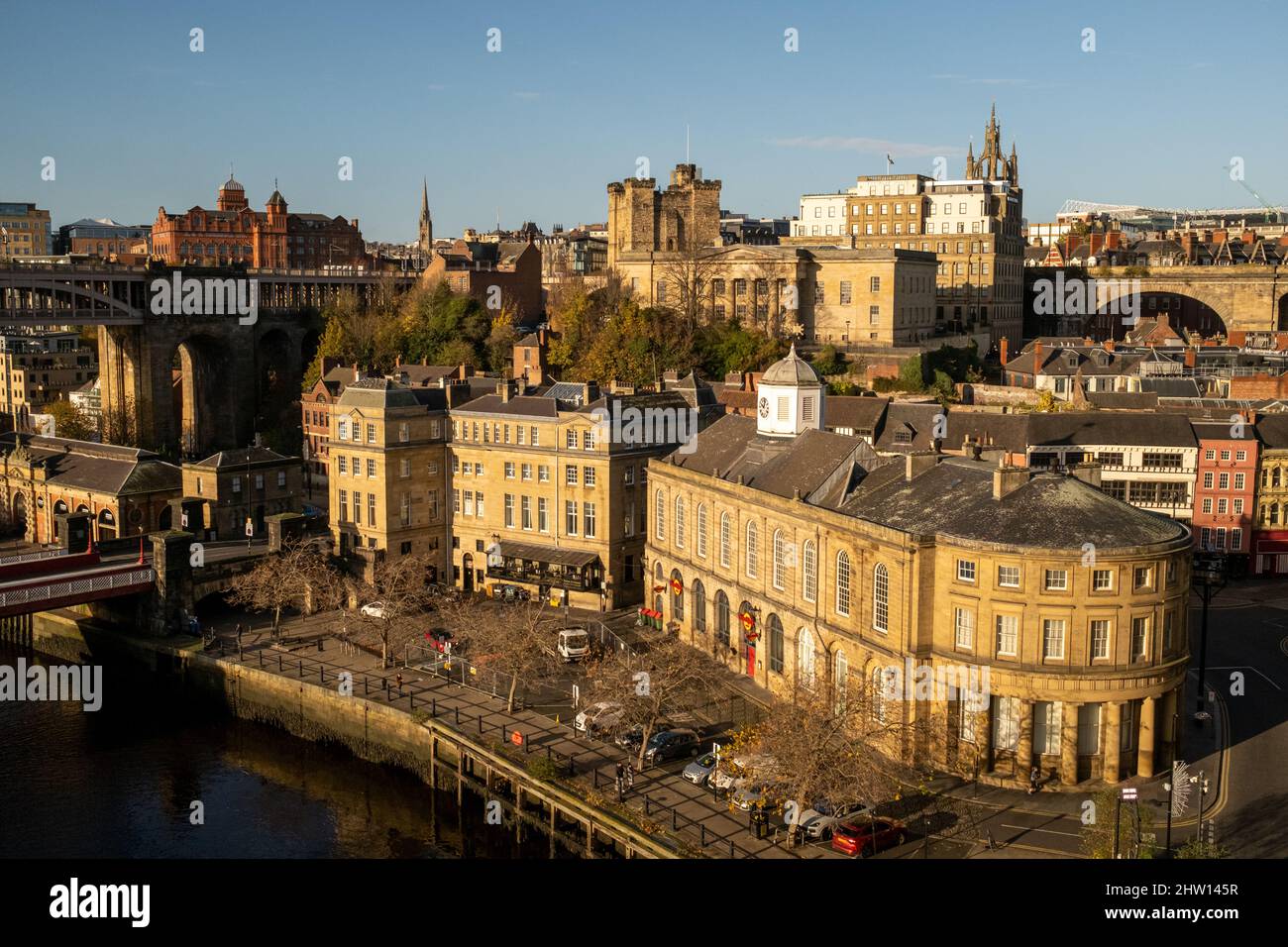 Newcastle UK: 17th Nov 2021, View of the famous Newcastle Quayside in Autumn with beautiful warm winter sunlight Stock Photo