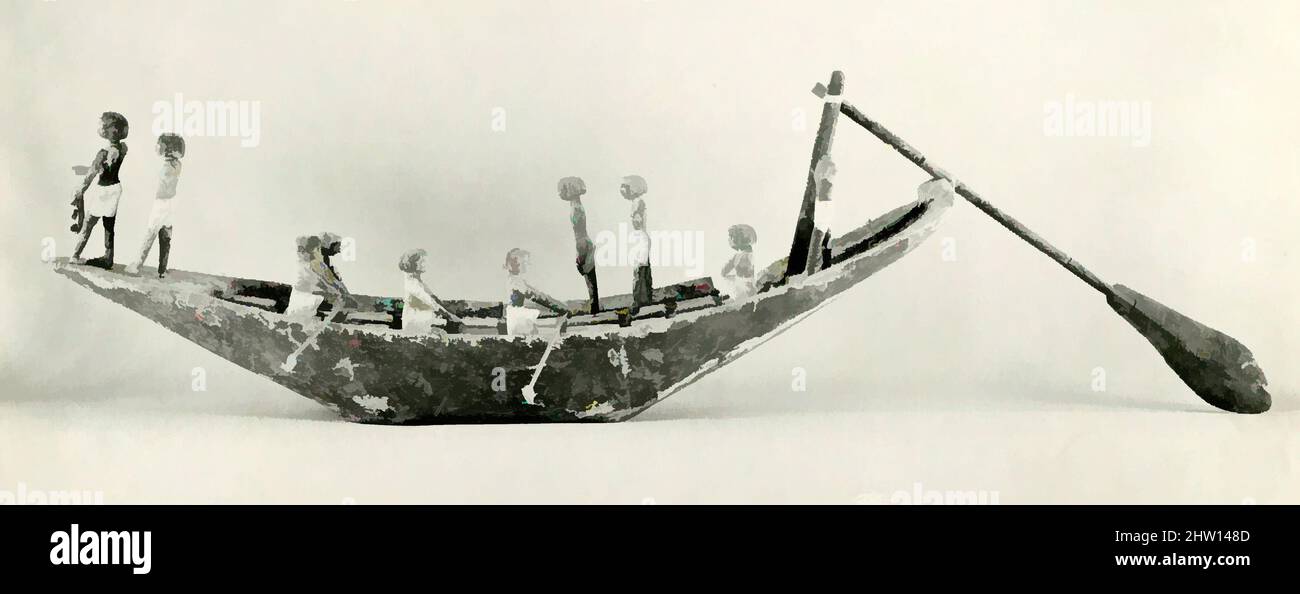 Art inspired by Model Boat, Middle Kingdom, Dynasty 11, ca. 2030–1640 B.C., From Egypt, Upper Egypt, Thebes, Deir el-Bahri, Tomb TT 312, 1922–23, Sycomore wood, paint, L. without rudder 106 cm (41 3/4 in); W. at deck 21cm (8 1/4 in, Classic works modernized by Artotop with a splash of modernity. Shapes, color and value, eye-catching visual impact on art. Emotions through freedom of artworks in a contemporary way. A timeless message pursuing a wildly creative new direction. Artists turning to the digital medium and creating the Artotop NFT Stock Photo