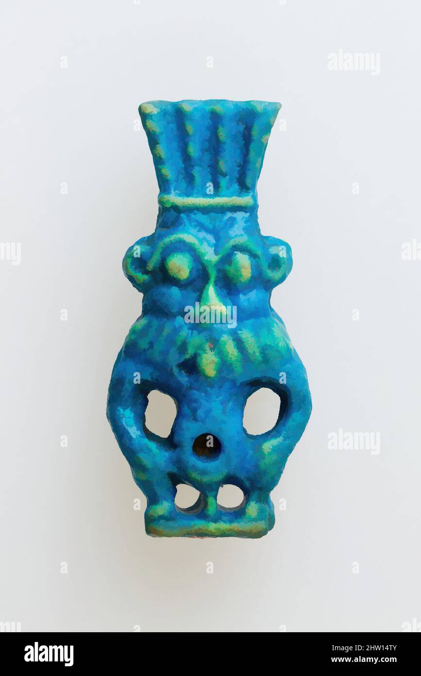 Art inspired by Bes, Late Period–Ptolemaic Period, 664–30 B.C., From Egypt, Blue, yellow faience, l. 6 cm (2 3/8 in.) × w. 2.9 cm (1 1/8 in.), This small double-sided figure depicts the beloved god Bes with his body of a dwarf, leonine head, and feather headdress. The bright blue, Classic works modernized by Artotop with a splash of modernity. Shapes, color and value, eye-catching visual impact on art. Emotions through freedom of artworks in a contemporary way. A timeless message pursuing a wildly creative new direction. Artists turning to the digital medium and creating the Artotop NFT Stock Photo