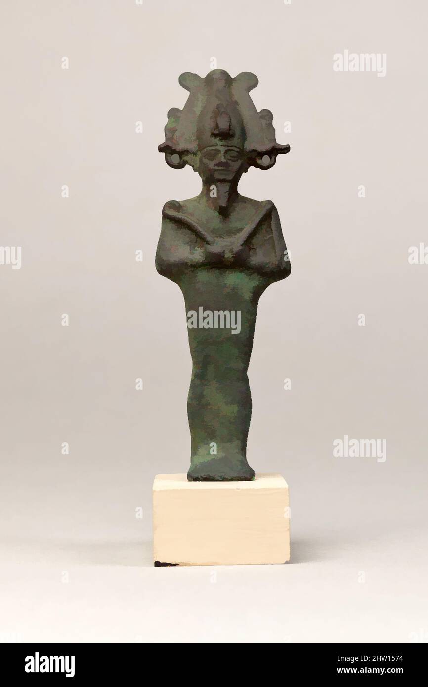 Art inspired by Osiris, Late Period–Ptolemaic Period, 664–30 B.C., From Egypt, Cupreous metal, H. 12.3 cm (4 13/16 in.); W. 4 cm (1 9/16 in.); D. 3.3 cm (1 5/16 in.), Osiris, foremost of the Egyptian funerary gods and ruler of the underworld, stands upright and wears one of the most, Classic works modernized by Artotop with a splash of modernity. Shapes, color and value, eye-catching visual impact on art. Emotions through freedom of artworks in a contemporary way. A timeless message pursuing a wildly creative new direction. Artists turning to the digital medium and creating the Artotop NFT Stock Photo