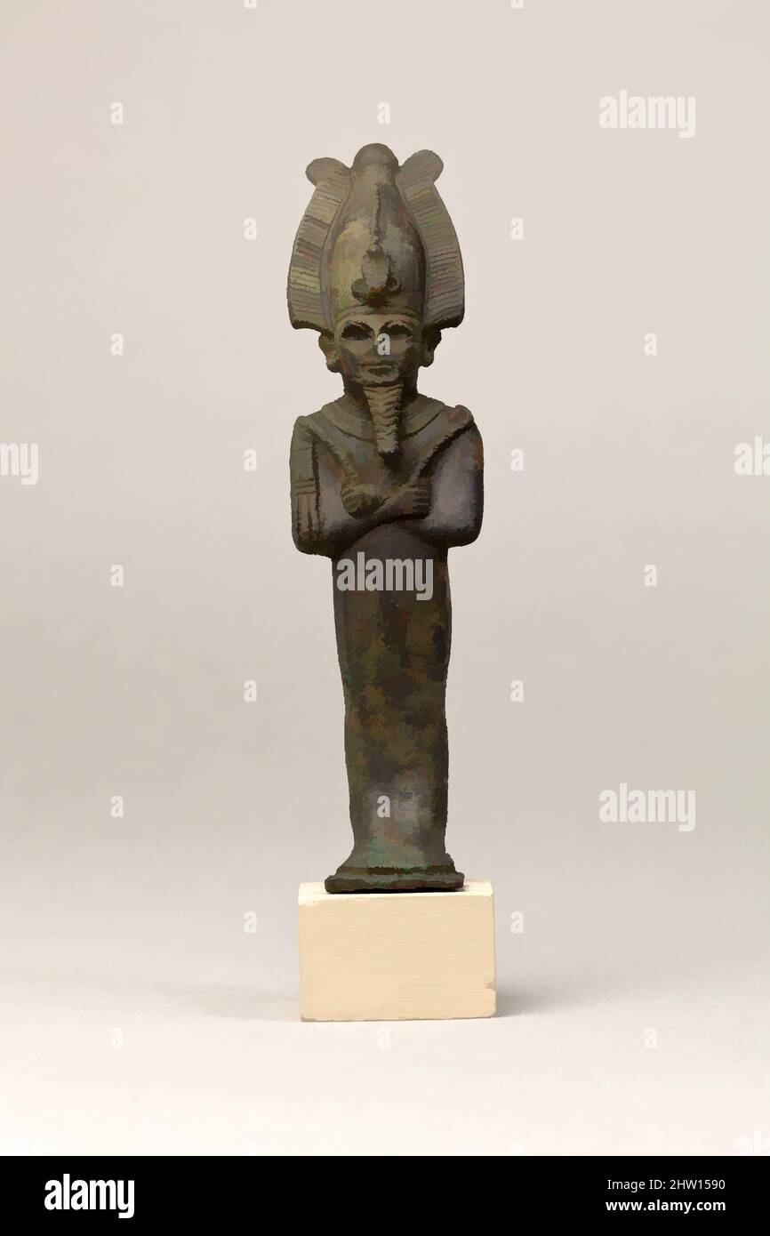 Art inspired by Osiris, Late Period–Ptolemaic Period, 664–30 B.C., From Egypt, Cupreous metal, H. 13.8 cm (5 7/16 in.); W. 3.6 cm (1 7/16 in.); D. 5 cm (1 15/16 in.), Osiris, foremost of the Egyptian funerary gods and ruler of the underworld, stands upright in a close-fitting mummiform, Classic works modernized by Artotop with a splash of modernity. Shapes, color and value, eye-catching visual impact on art. Emotions through freedom of artworks in a contemporary way. A timeless message pursuing a wildly creative new direction. Artists turning to the digital medium and creating the Artotop NFT Stock Photo