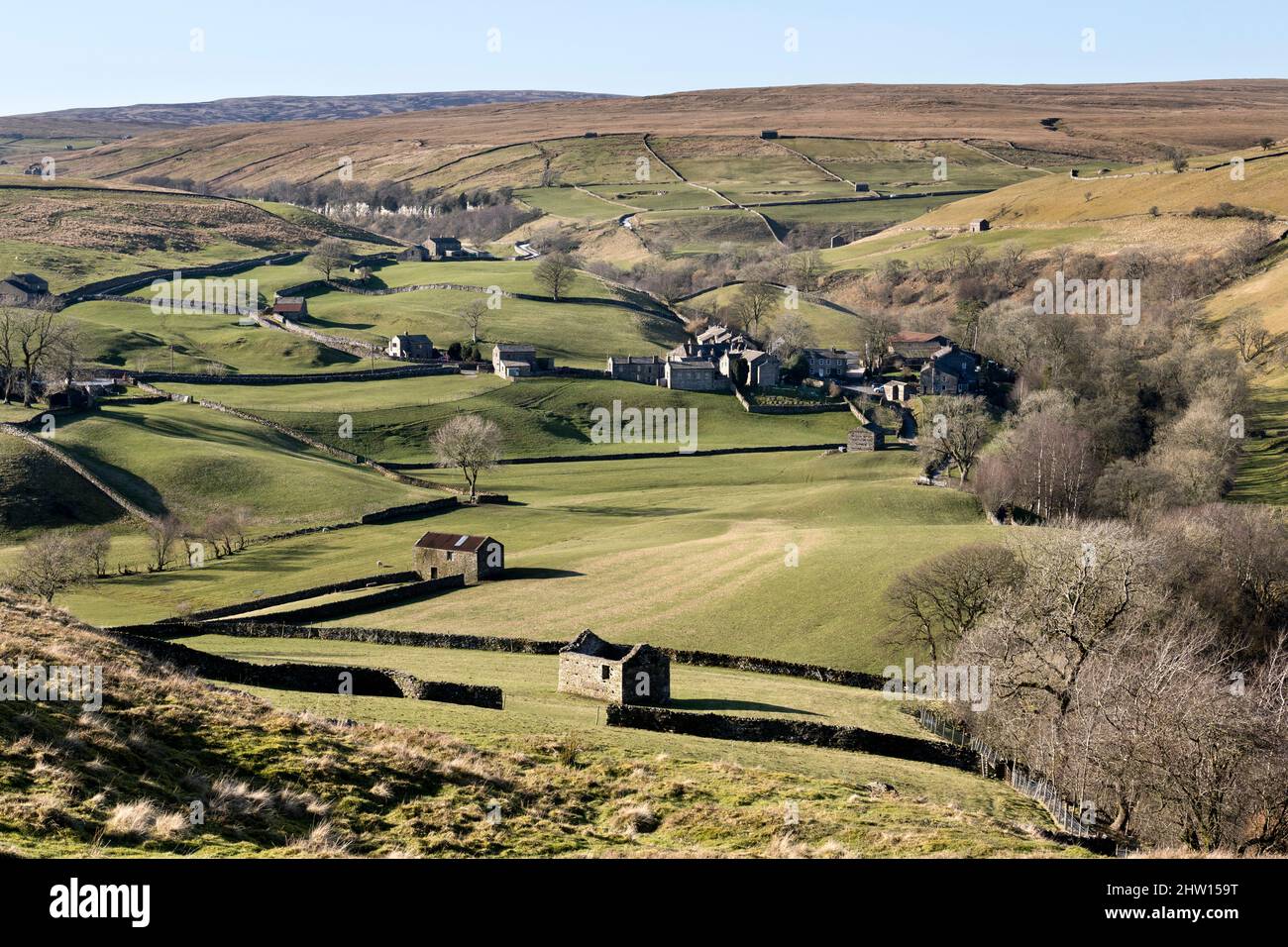 The village of Keld in upper Swaledale, Yorkshire Dales National Park, UK. The village is surrounded by many traditional field barns Stock Photo