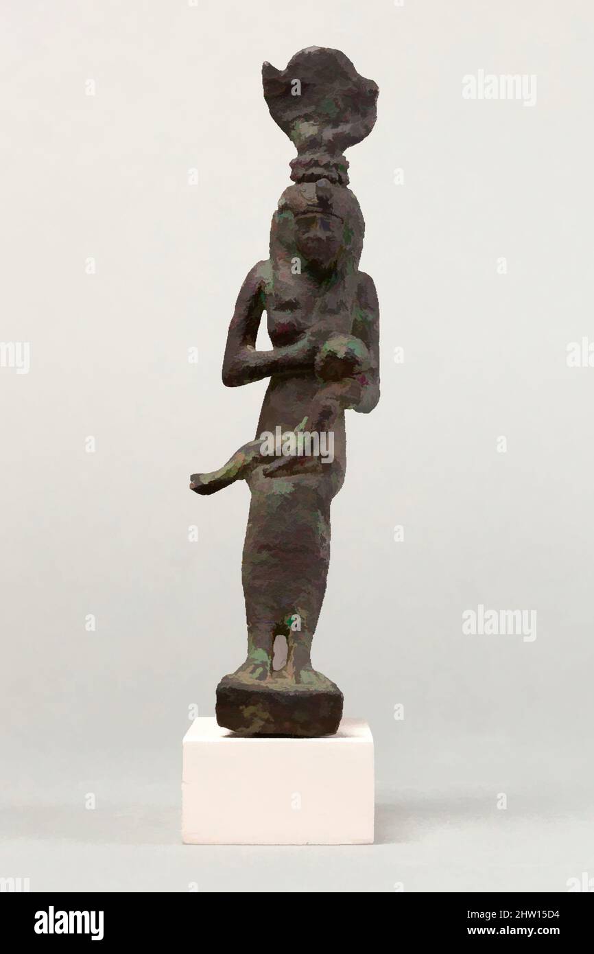 Art inspired by Isis and Horus, Late Period–Ptolemaic Period, 664–30 B.C., From Egypt, Cupreous metal, H. 13.7 cm (5 3/8 in.); W. 3.5 cm (1 3/8 in.); D. 6 cm (2 3/8 in.), Isis’ name is first attested in the fifth dynasty in the Pyramid texts. She was the wife of Osiris and the mother, Classic works modernized by Artotop with a splash of modernity. Shapes, color and value, eye-catching visual impact on art. Emotions through freedom of artworks in a contemporary way. A timeless message pursuing a wildly creative new direction. Artists turning to the digital medium and creating the Artotop NFT Stock Photo