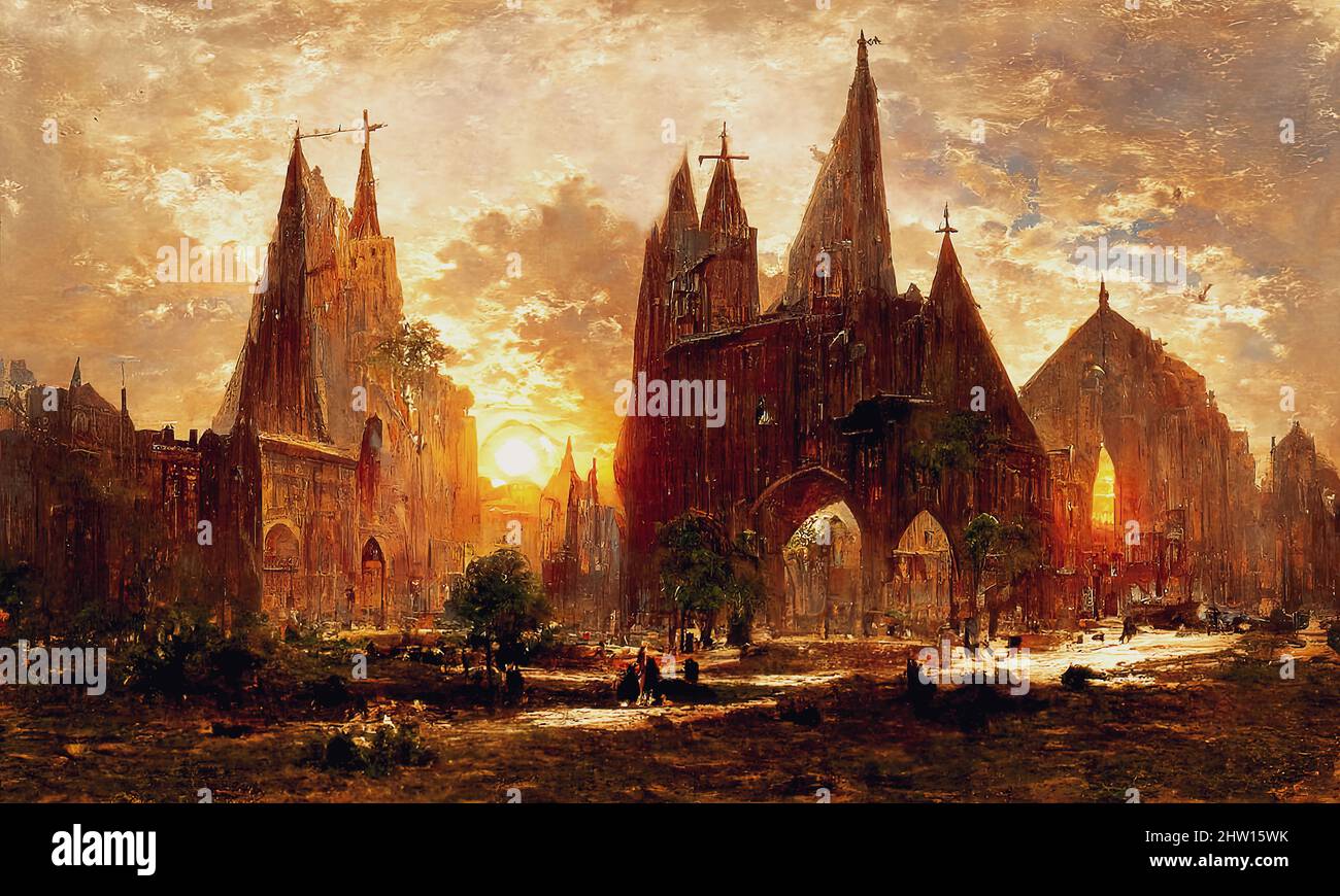 A medieval fantasy town seen at sunset, with its gothic structures