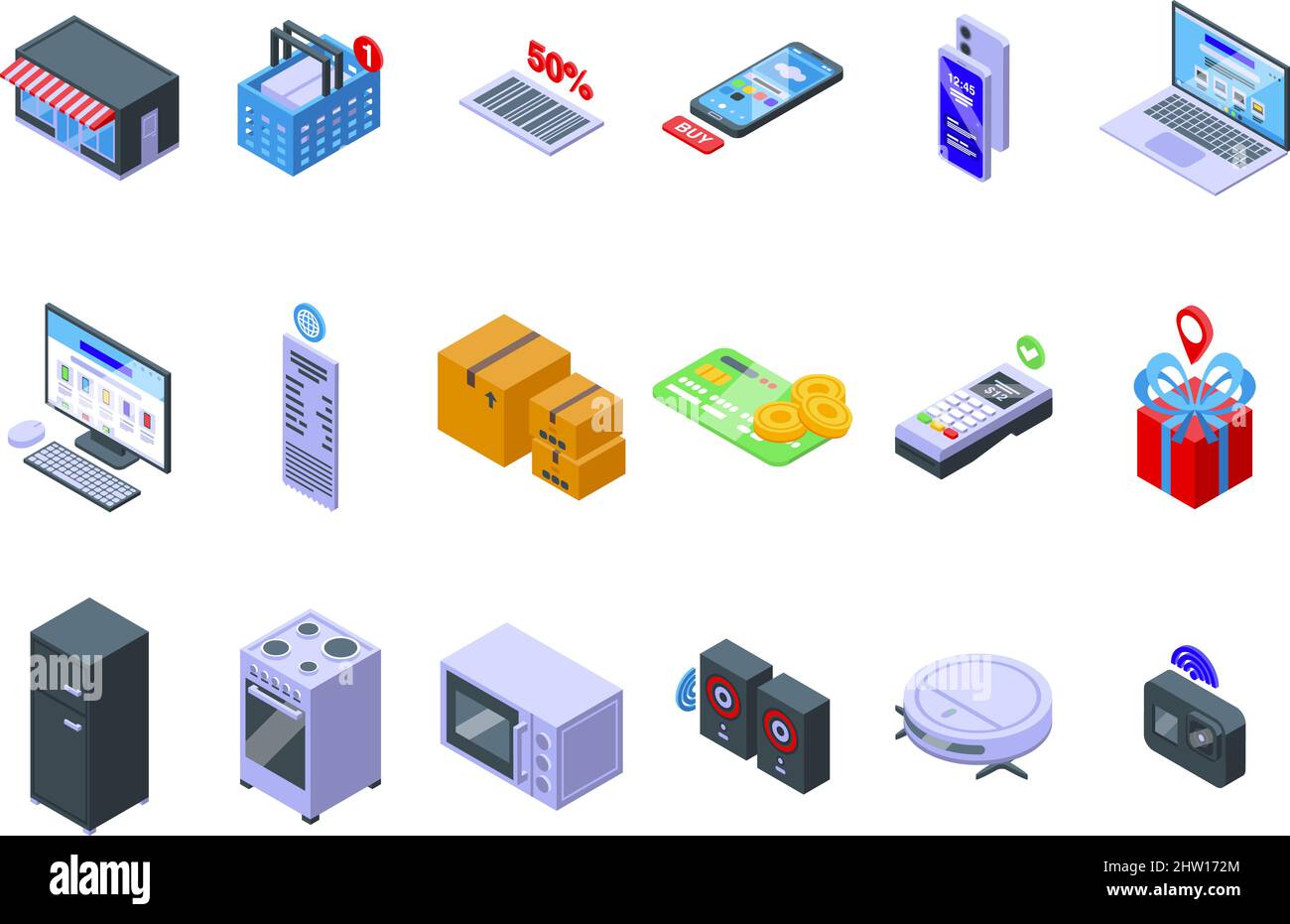 Technology store icons set isometric vector. Electronic mobile. Shop ...