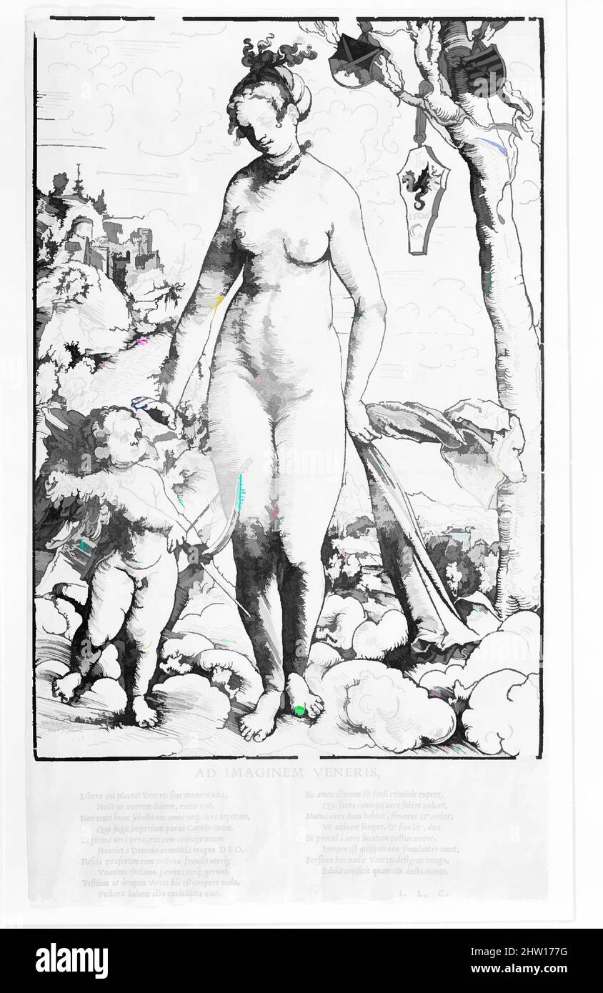 Art inspired by Venus and Cupid, 1506, Woodcut, Sheet: 13 7/16 × 7 7/8 in. (34.1 × 20 cm), Prints, Lucas Cranach the Elder (German, Kronach 1472–1553 Weimar, Classic works modernized by Artotop with a splash of modernity. Shapes, color and value, eye-catching visual impact on art. Emotions through freedom of artworks in a contemporary way. A timeless message pursuing a wildly creative new direction. Artists turning to the digital medium and creating the Artotop NFT Stock Photo