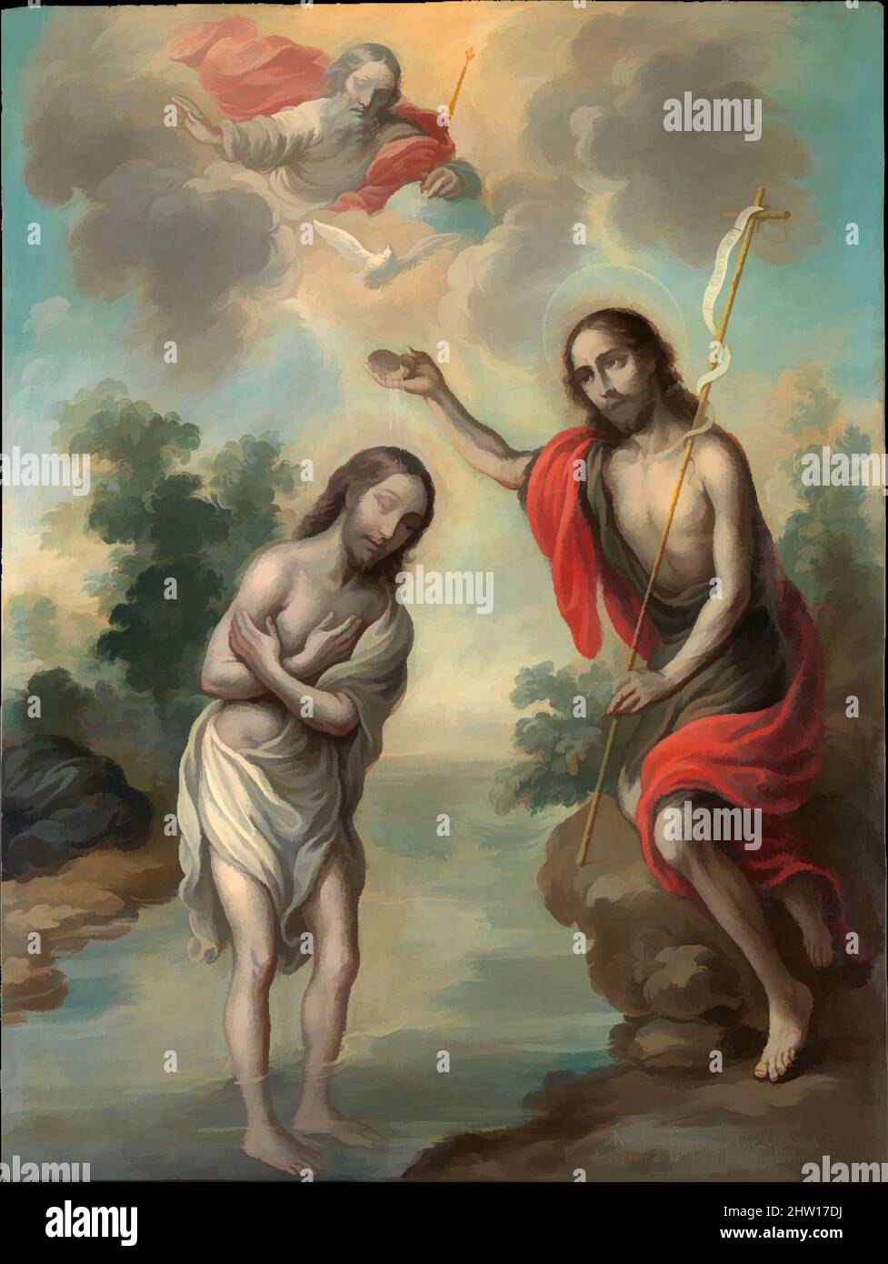 Art inspired by The Baptism of Christ, 1773, Oil on copper, 22 1/4 × 16 1/2 in. (56.5 × 41.9 cm), Paintings, Nicolás Enríquez (Mexican, 1704–1790), In 1773 Nicolás Enríquez created a set of five paintings for the private devotional use of Juan Bautista Echeverría, a Spanish-born, Classic works modernized by Artotop with a splash of modernity. Shapes, color and value, eye-catching visual impact on art. Emotions through freedom of artworks in a contemporary way. A timeless message pursuing a wildly creative new direction. Artists turning to the digital medium and creating the Artotop NFT Stock Photo
