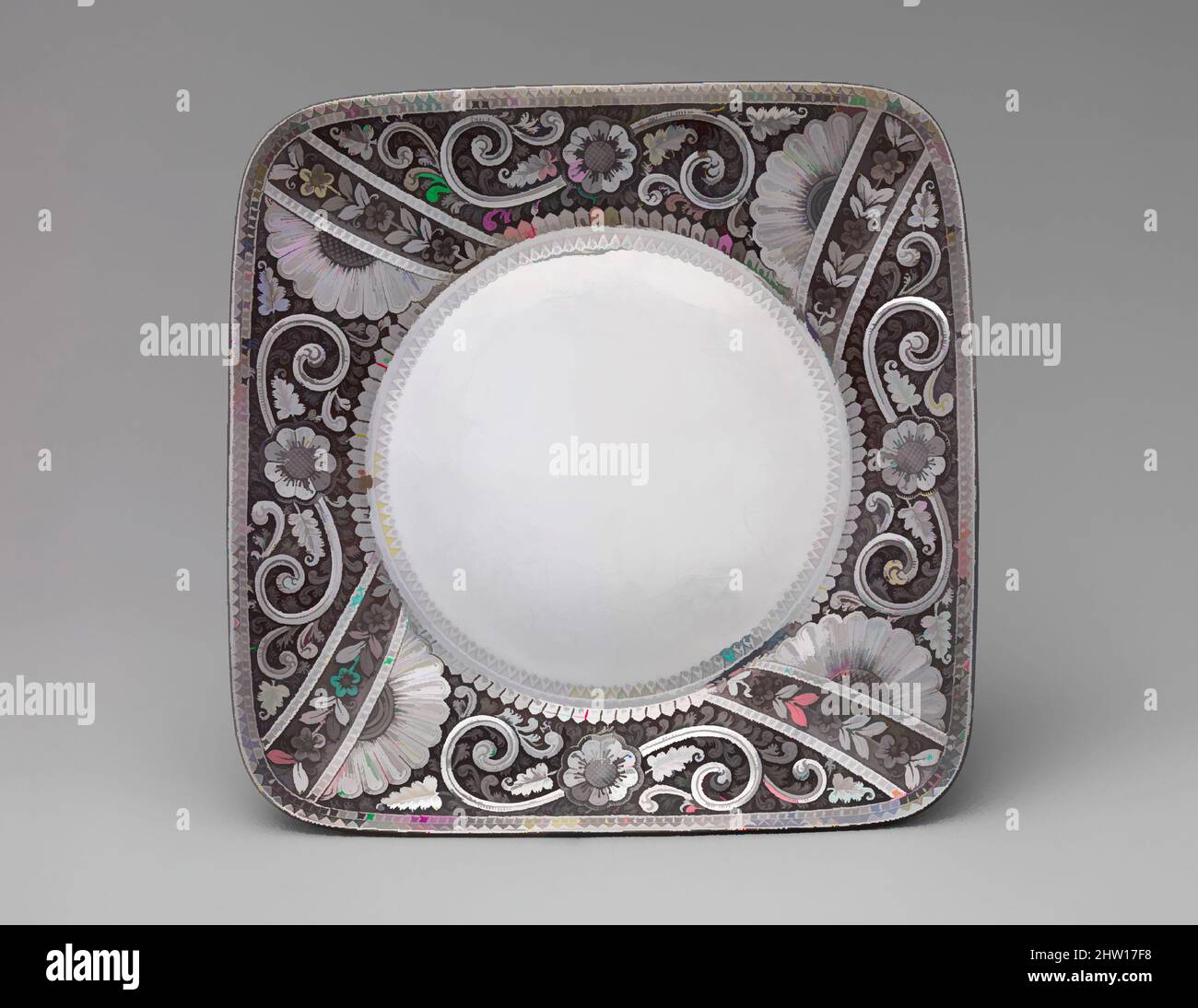 Art inspired by Tray, 1881, Made in Providence, Rhode Island, United States, American, Silver, ivory, 7/8 × 7 7/8 × 7 7/8 in., 10 oz. 19 dwt. (2.2 × 20 × 20 cm, 341.5g), Silver, Made as singular or limited production “specials,” this sinuous coffee pot and tray epitomize the eclectic, Classic works modernized by Artotop with a splash of modernity. Shapes, color and value, eye-catching visual impact on art. Emotions through freedom of artworks in a contemporary way. A timeless message pursuing a wildly creative new direction. Artists turning to the digital medium and creating the Artotop NFT Stock Photo