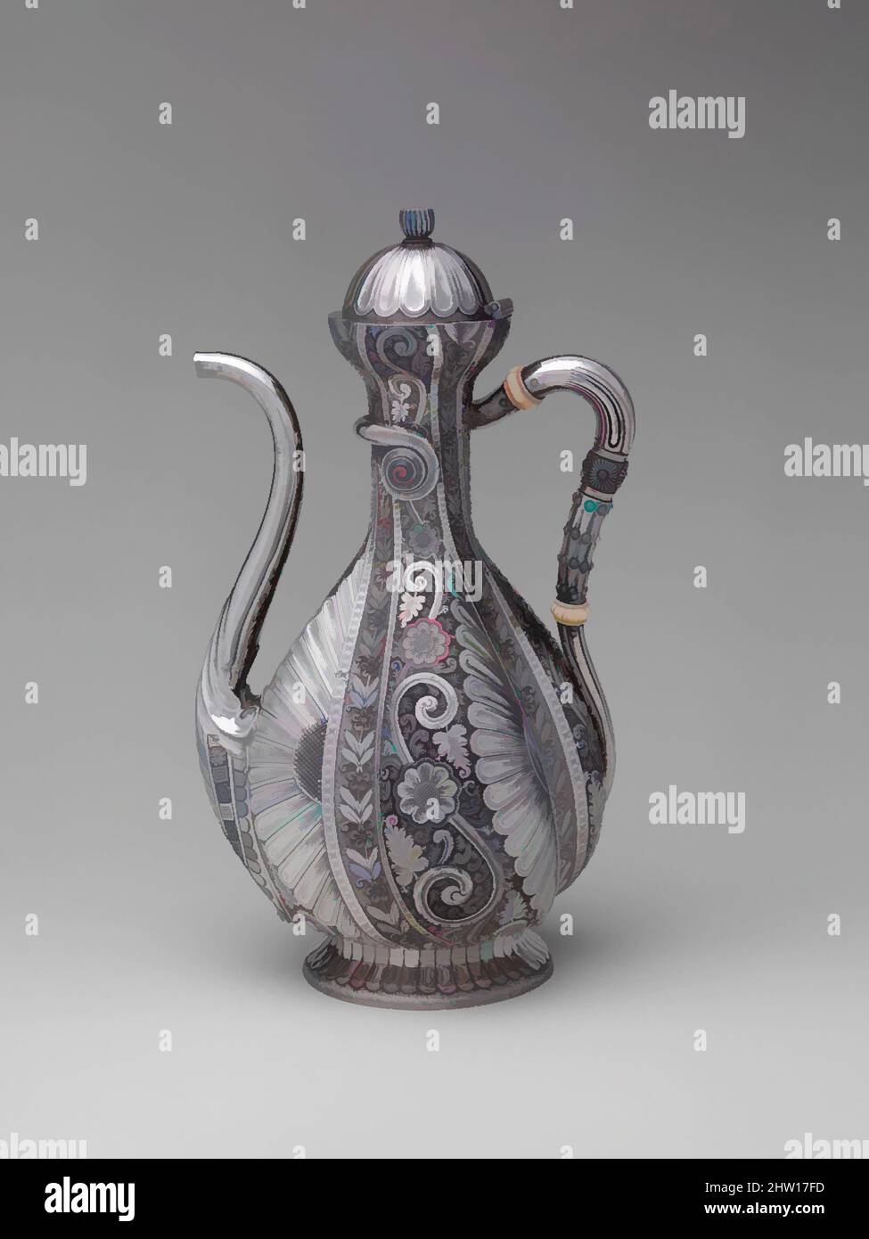Art inspired by Coffeepot, 1881, Made in Providence, Rhode Island, United States, American, Silver, ivory, 10 5/8 × 6 × 4 7/8 in., 30oz. 9dwt. (27 × 15.2 × 12.4 cm, 947.2g), Silver, Made as singular or limited production “specials,” this sinuous coffee pot and tray epitomize the, Classic works modernized by Artotop with a splash of modernity. Shapes, color and value, eye-catching visual impact on art. Emotions through freedom of artworks in a contemporary way. A timeless message pursuing a wildly creative new direction. Artists turning to the digital medium and creating the Artotop NFT Stock Photo
